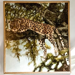 Monumental Giltwood Rope Framed Oil On Canvas Palm Beach Style Leopard In Tree