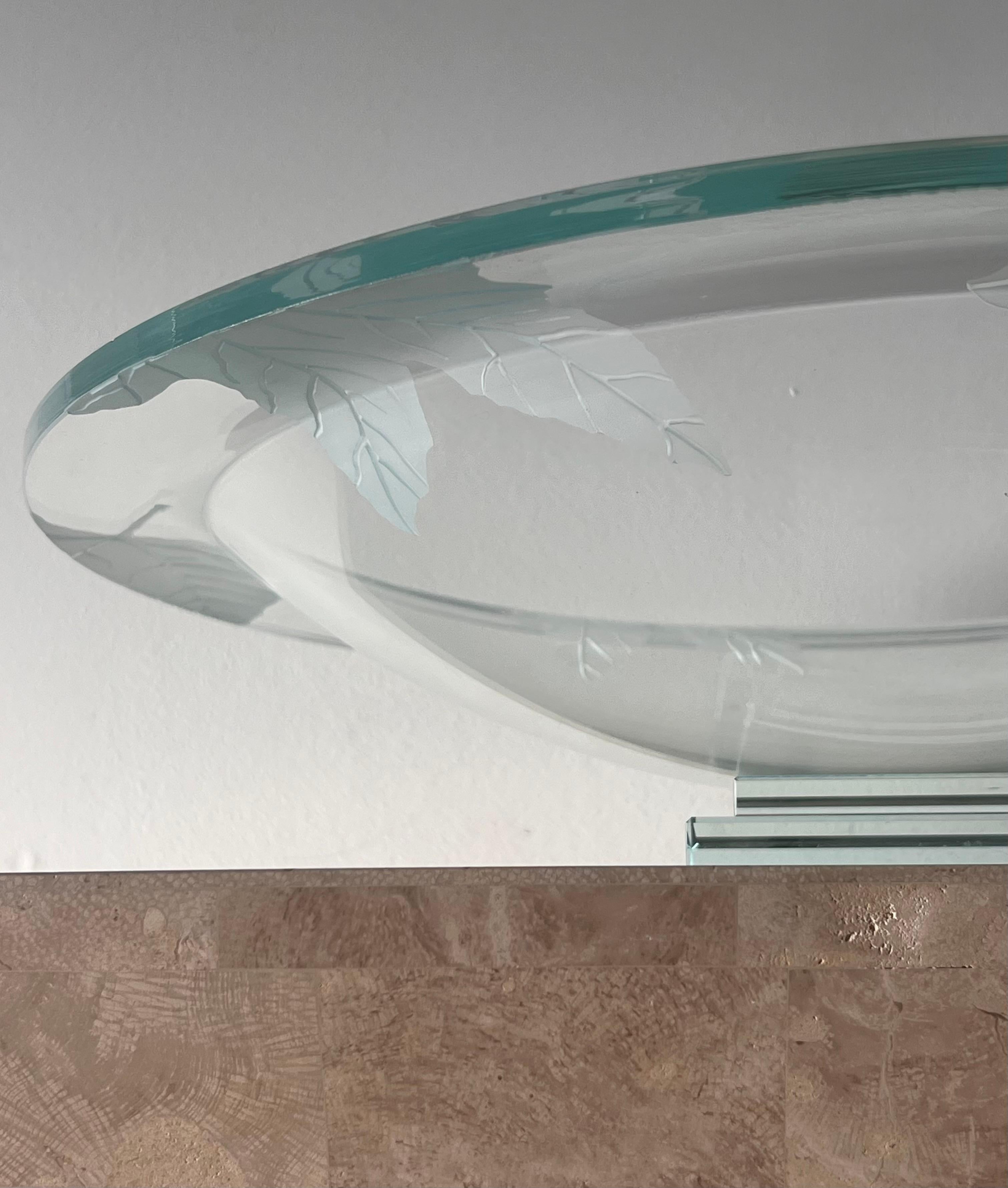Contemporary Monumental glass centerpiece with etched leaves by Stephen Schlanser, 2007.  For Sale