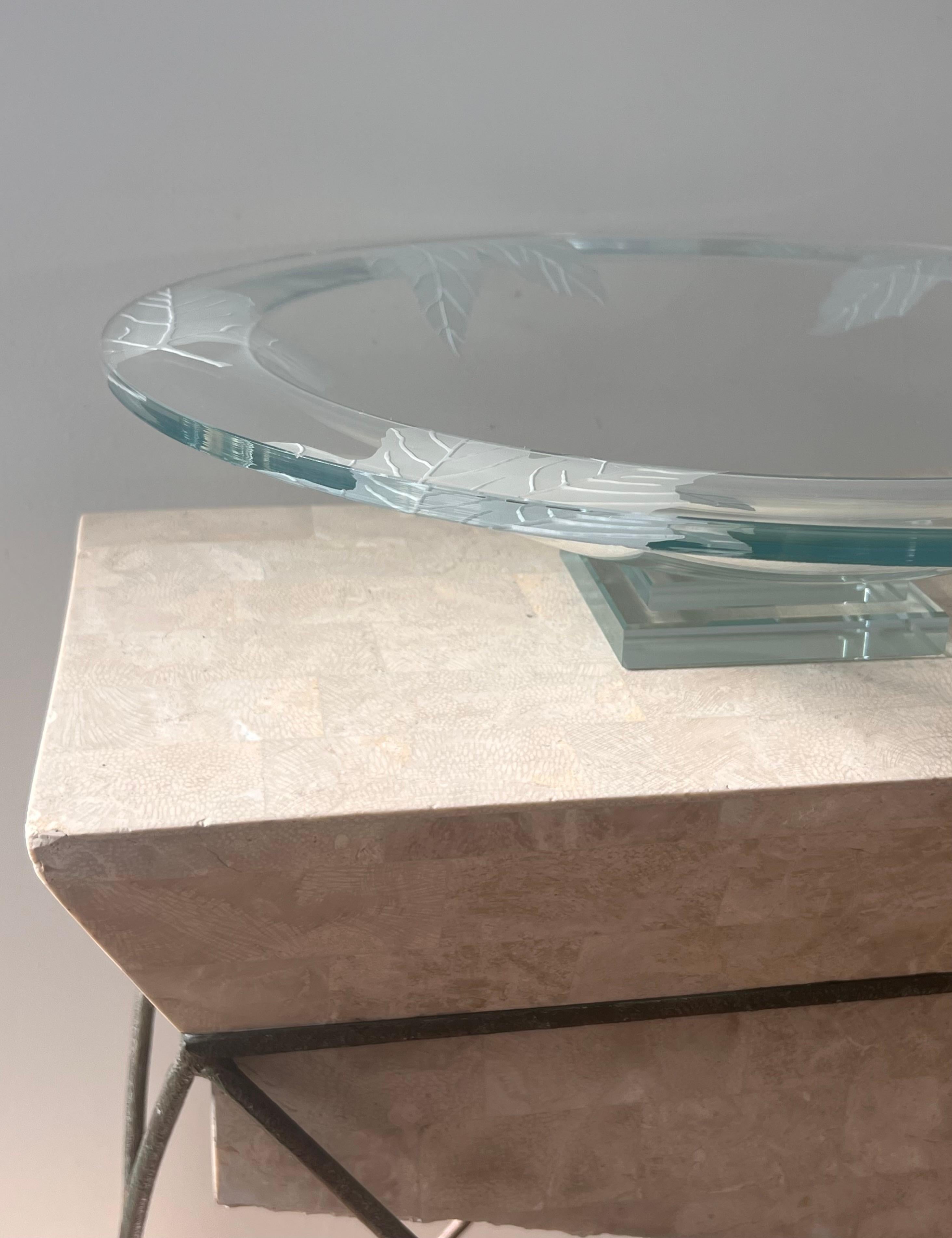 Monumental glass centerpiece with etched leaves by Stephen Schlanser, 2007.  For Sale 1