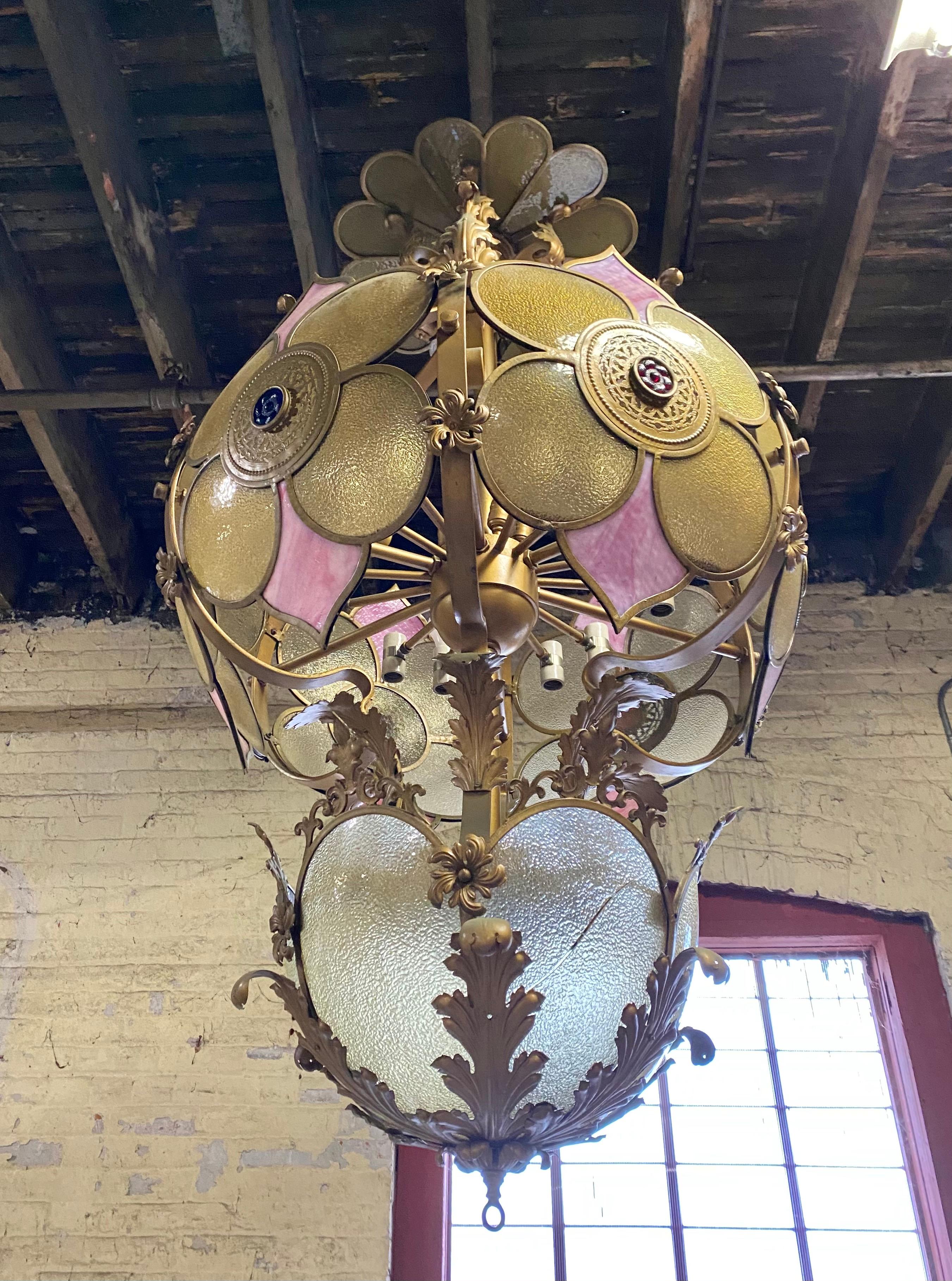 Monumental Glass and Iron Deco/ Victorian Fantasy Chandelier / Pendant Lighting In Good Condition For Sale In Buffalo, NY