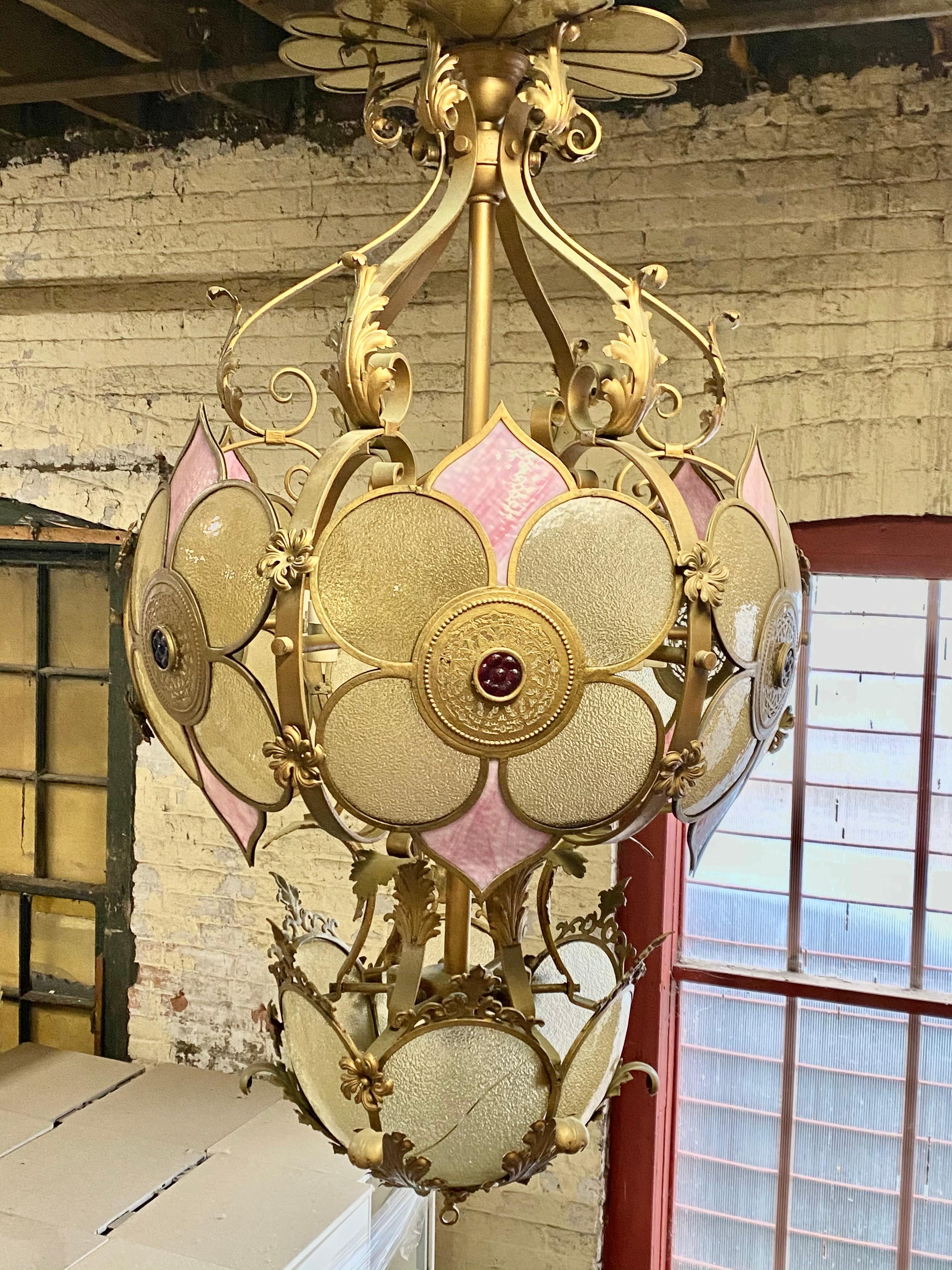 Monumental Glass and Iron Deco/ Victorian Fantasy Chandelier / Pendant Lighting For Sale 1