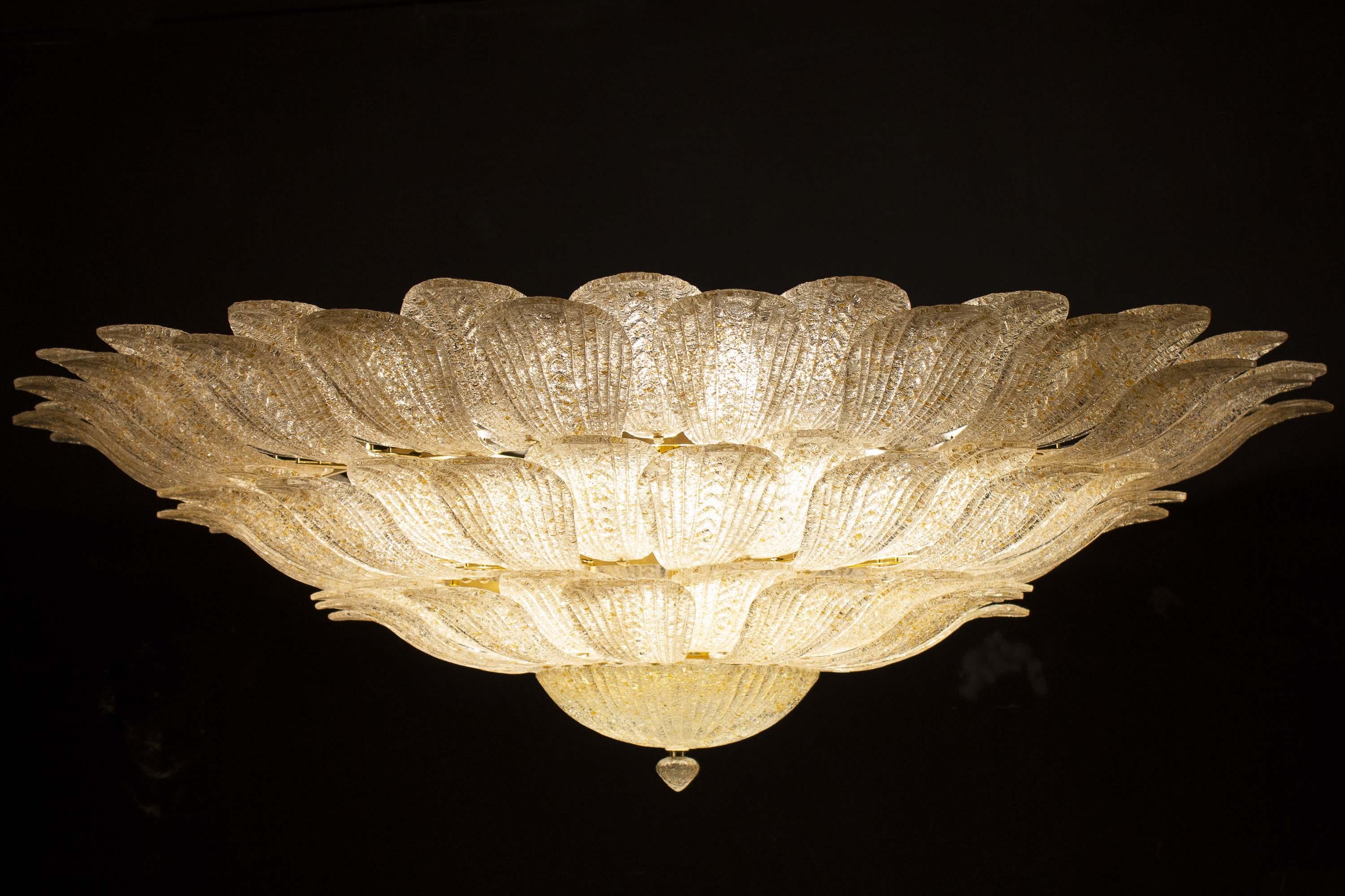 Blown Glass Monumental Gold Leaves Murano Glass Ceiling Light or Flush Mount For Sale