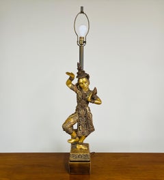 Monumental Golden Thai Buddhist ‘Bangkok’ Dancing Princess Table Lamp 1950s