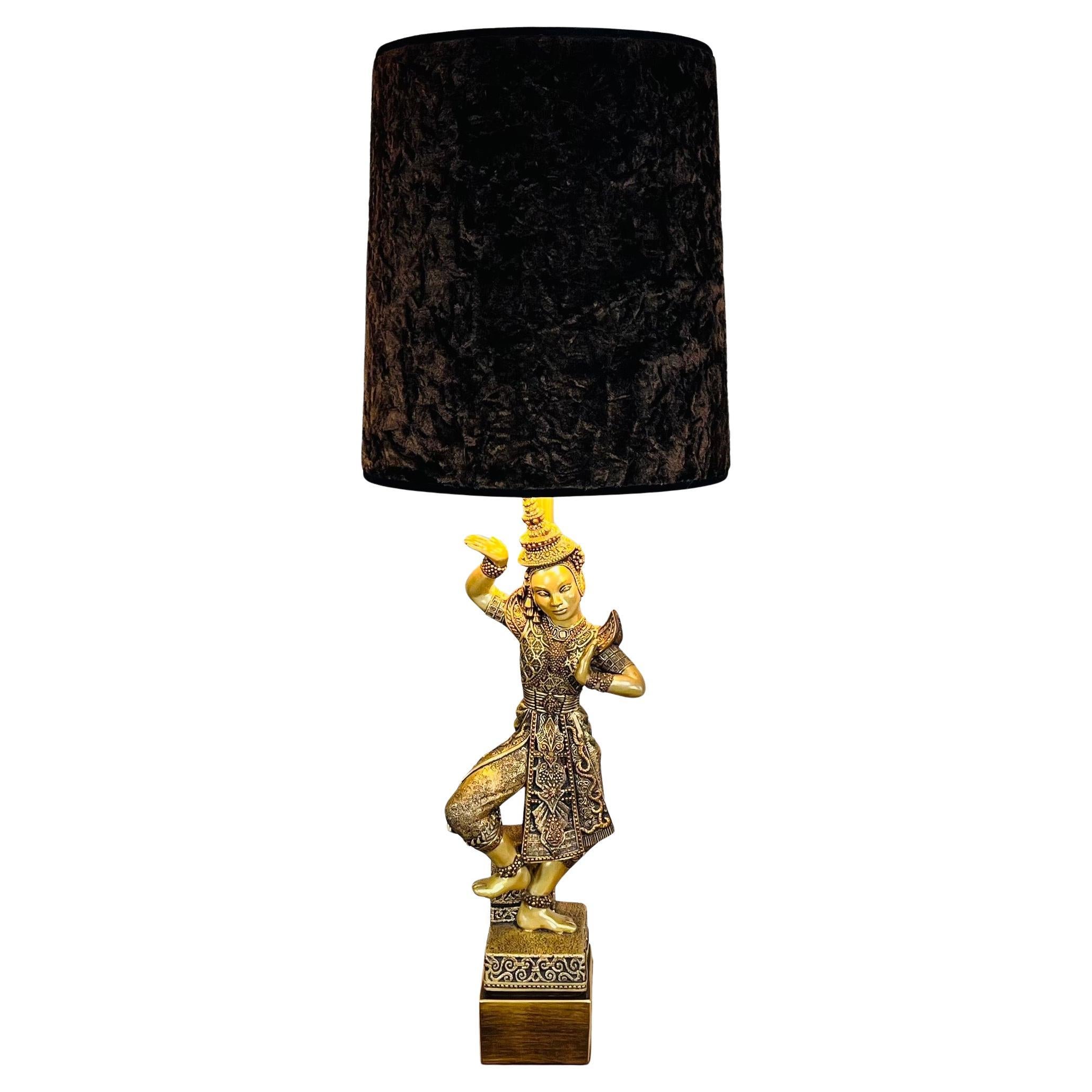 Monumentale lampada da tavolo buddista tailandese dorata "Bangkok", principessa danzante, anni '50 in vendita