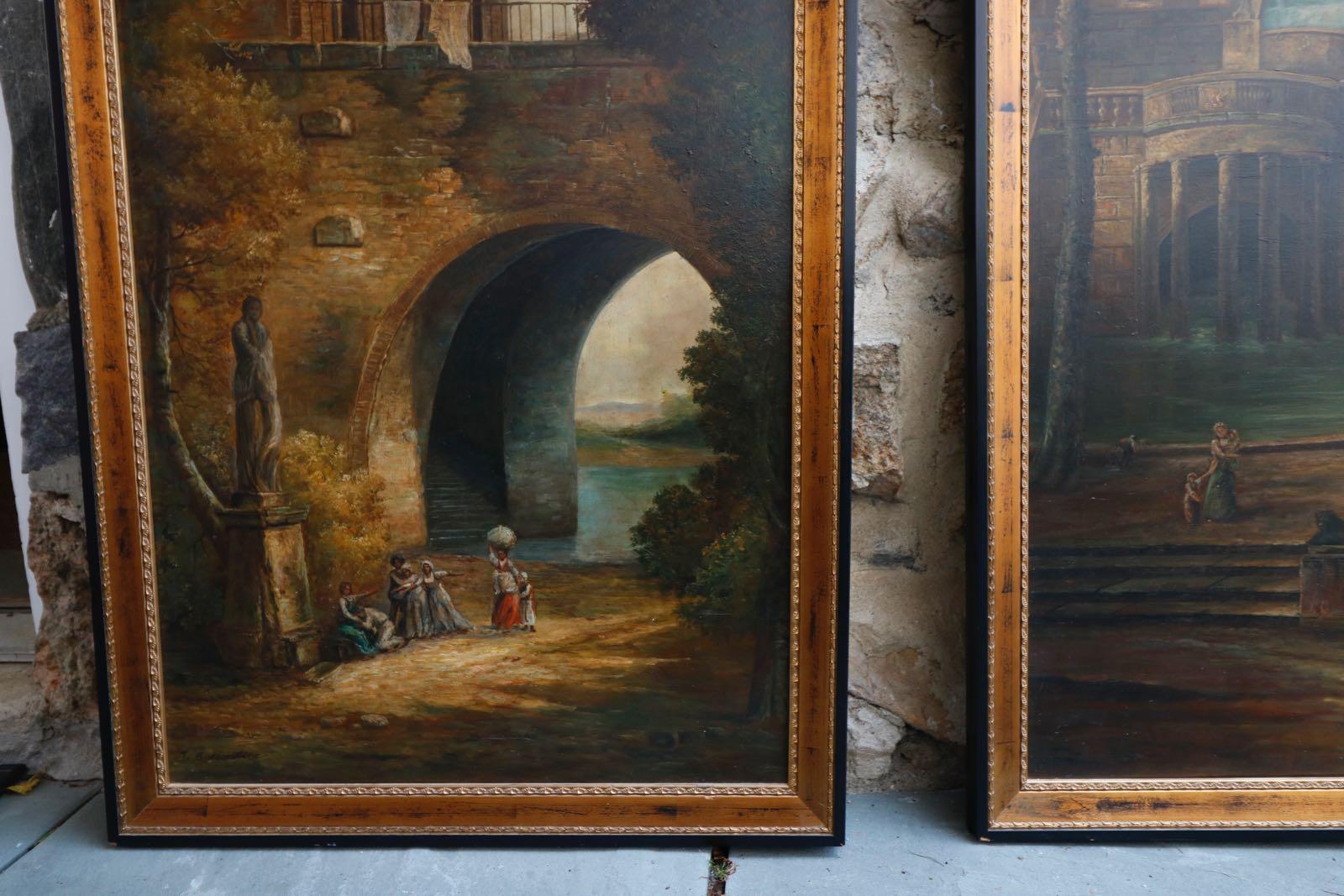 Organic Material Monumental Gorgeous Pair of Signed Italian 20th Century Oil on Canvas Paintings For Sale