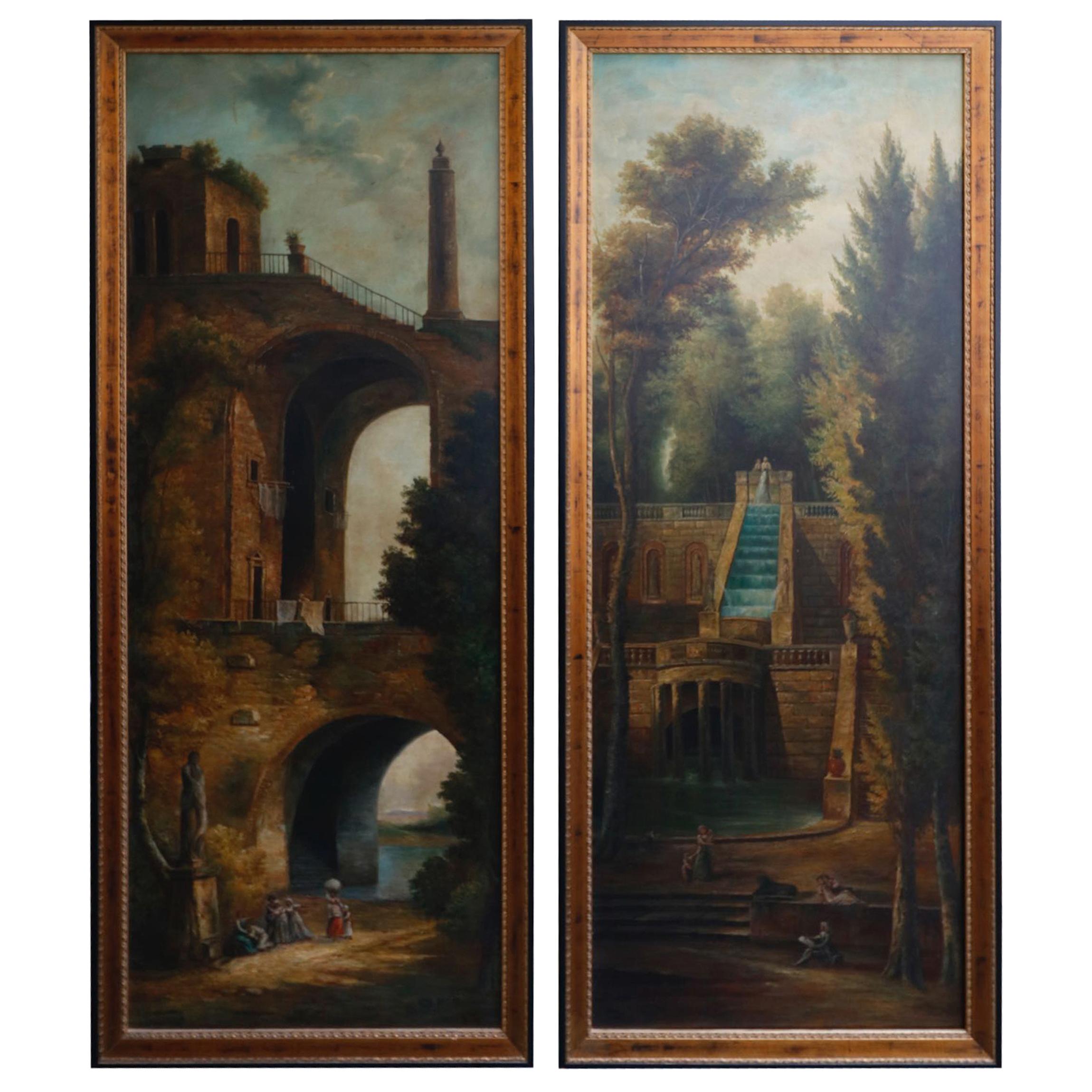 Monumental Gorgeous Pair of Signed Italian 20th Century Oil on Canvas Paintings For Sale