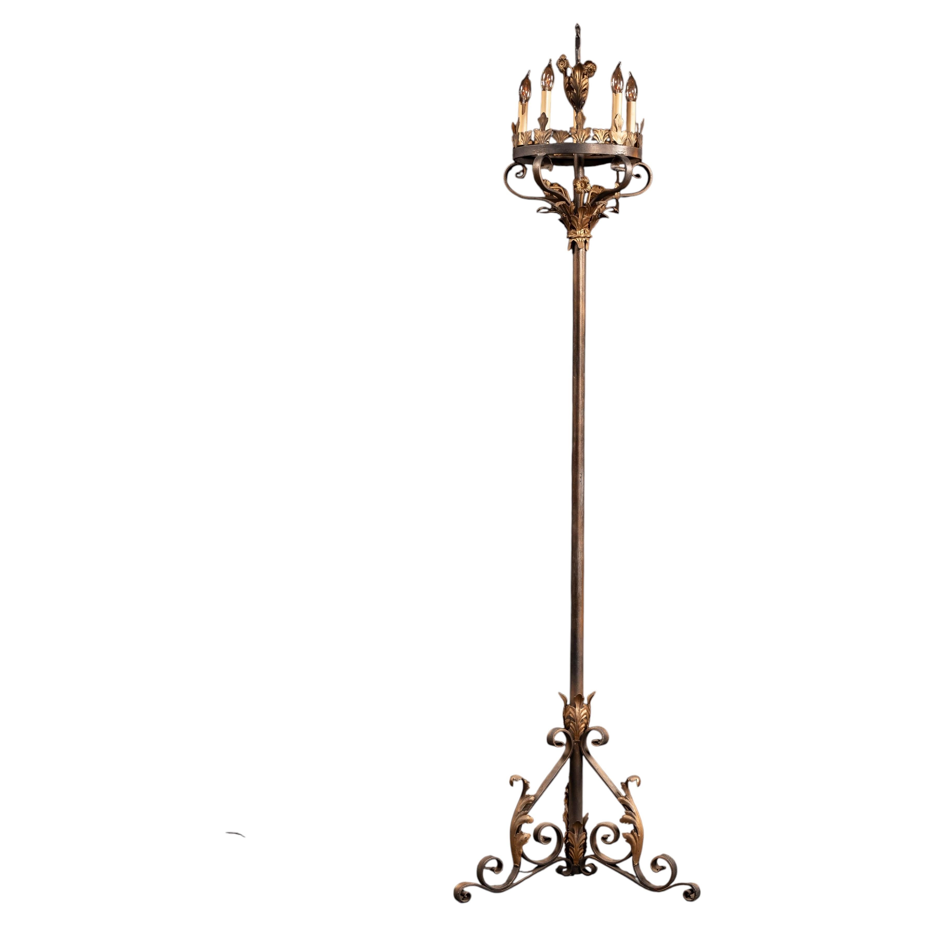 Monumental Gothic Revival Wrought Iron Floor Candelabra Lamp