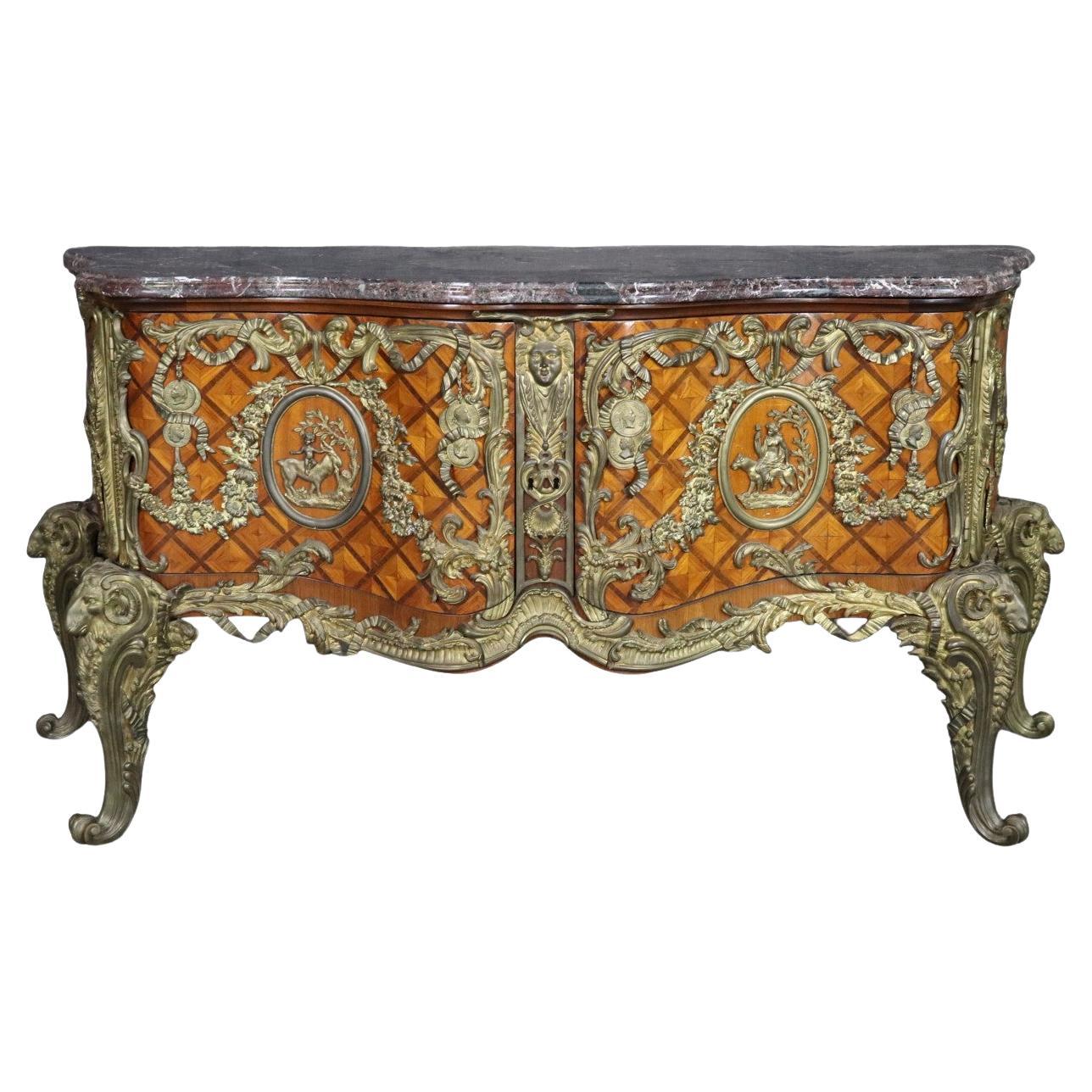 Monumental Grand Inlaid Bronze Mounted French Louis XV Style Marble Top Commode For Sale