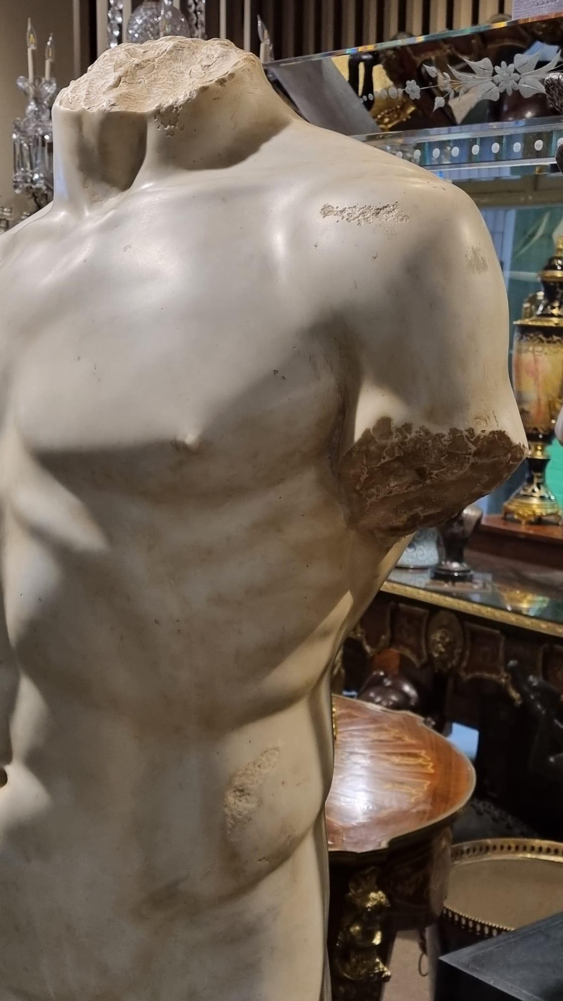 Monumental Grand Tour Marble Torso Statue Pedestal Base Nude Carving 5