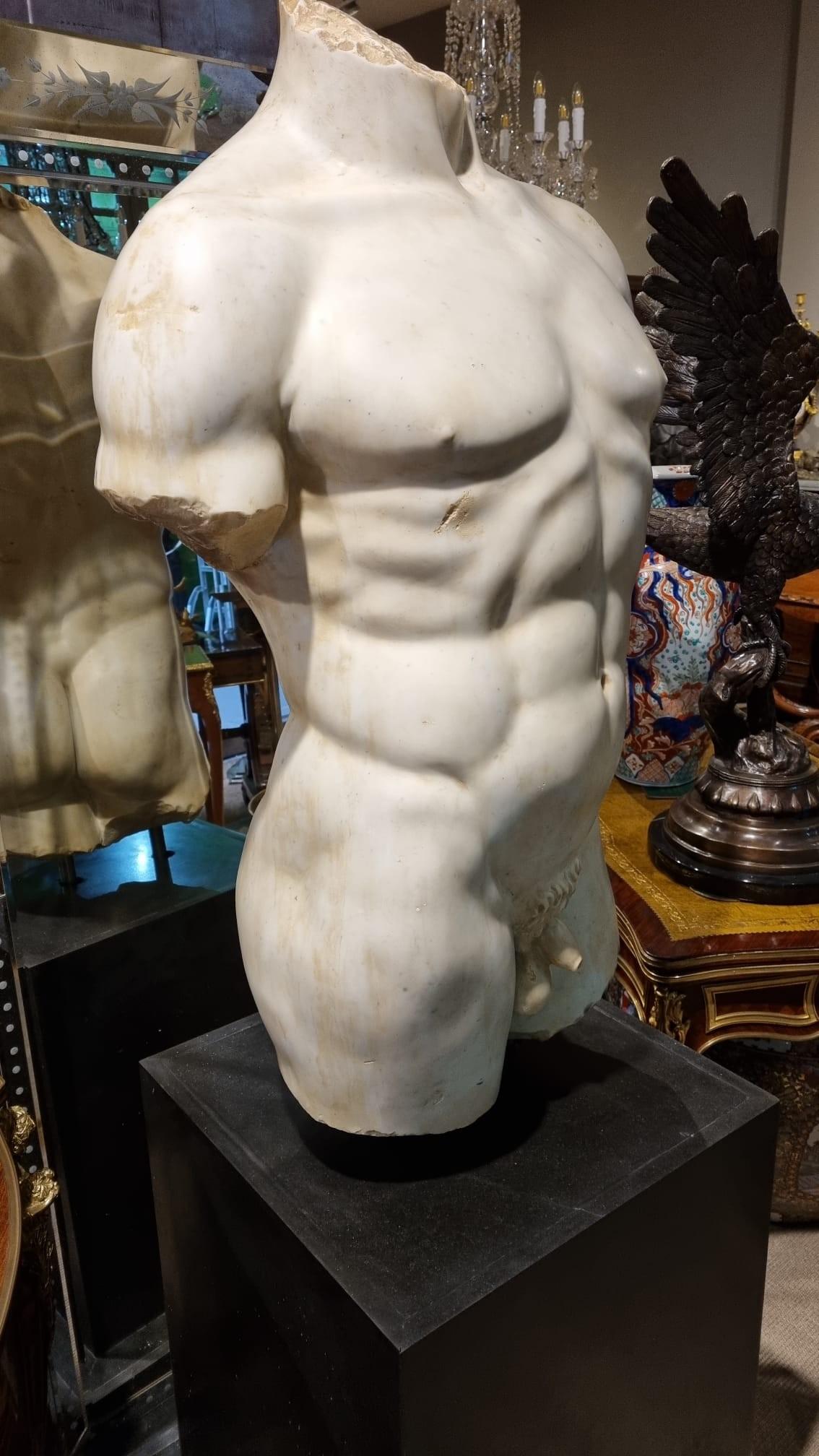 Monumental Grand Tour Marble Torso Statue Pedestal Base Nude Carving 7