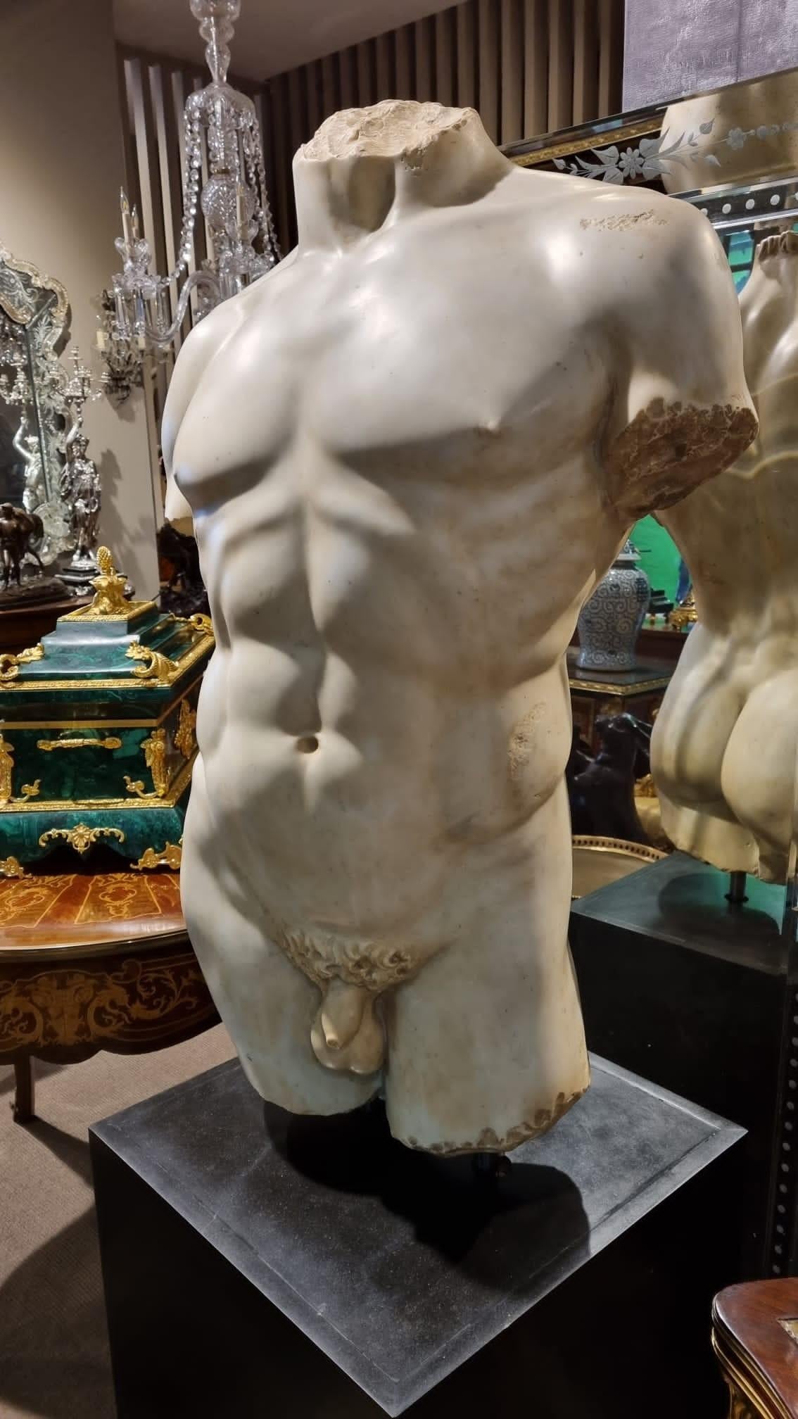 Monumental Grand Tour Marble Torso Statue Pedestal Base Nude Carving 8