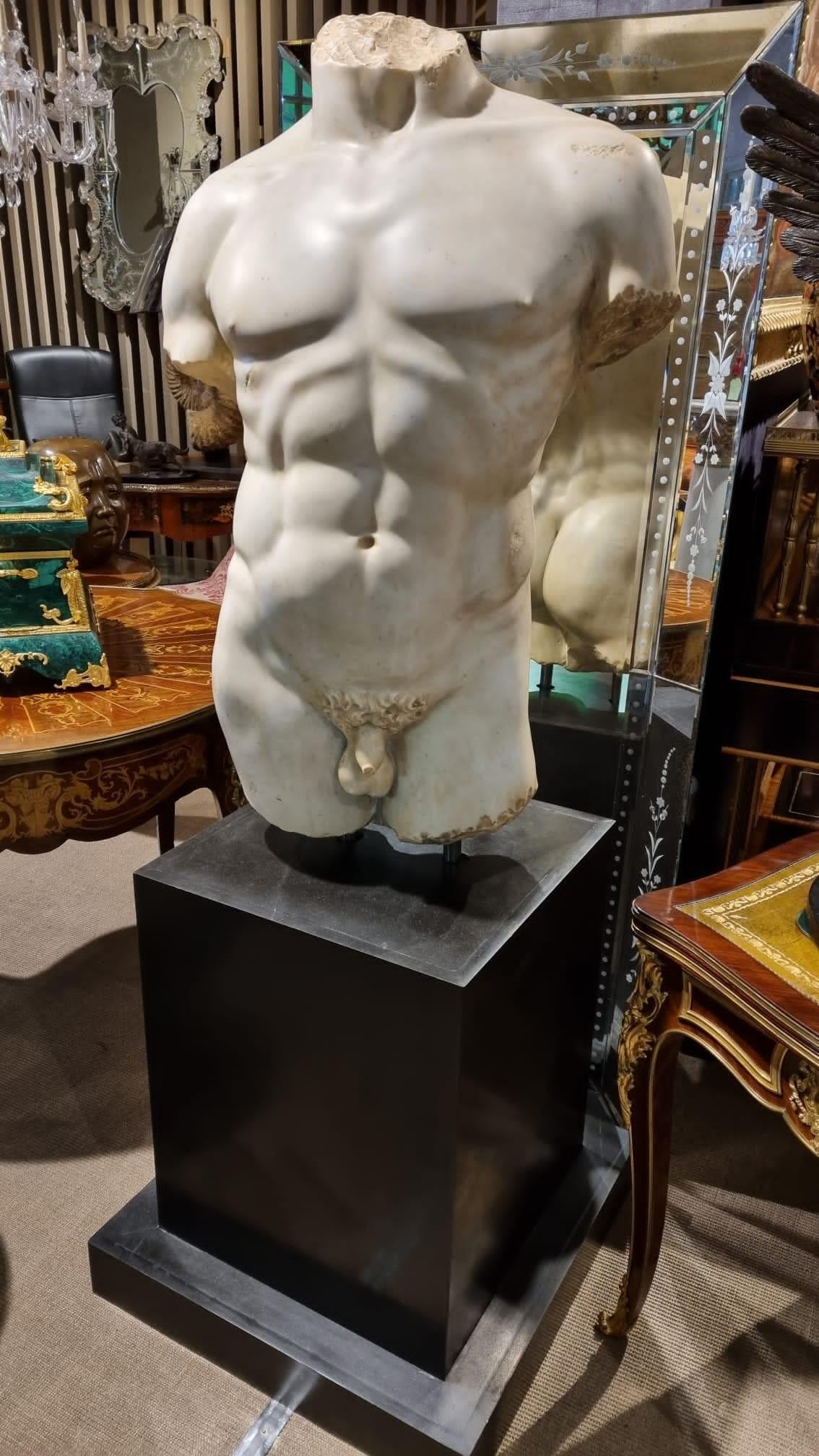 Monumental Grand Tour Marble Torso Statue Pedestal Base Nude Carving 9