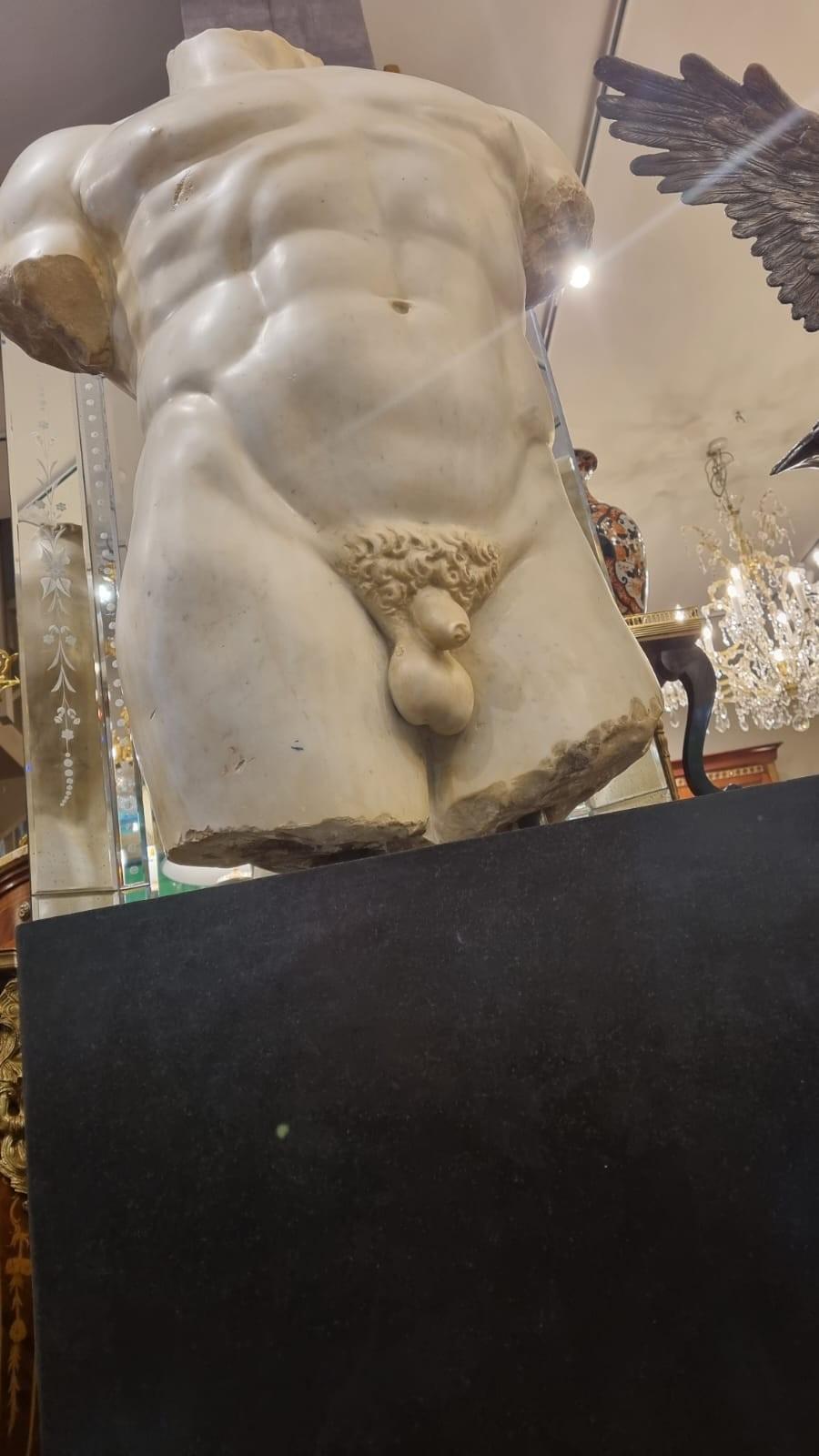 Monumental Grand Tour Marble Torso Statue Pedestal Base Nude Carving In Good Condition In Potters Bar, GB