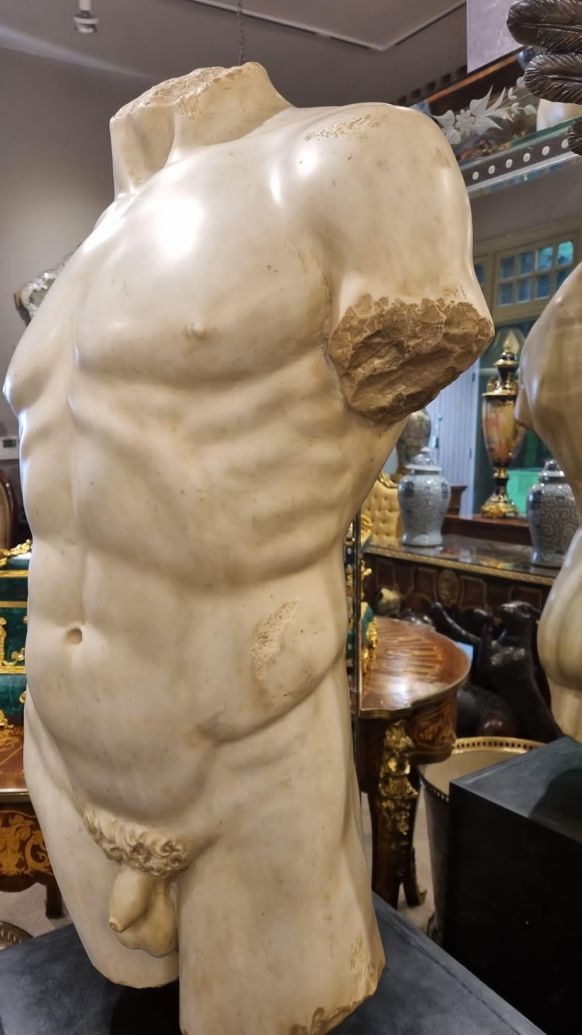 Monumental Grand Tour Marble Torso Statue Pedestal Base Nude Carving 1