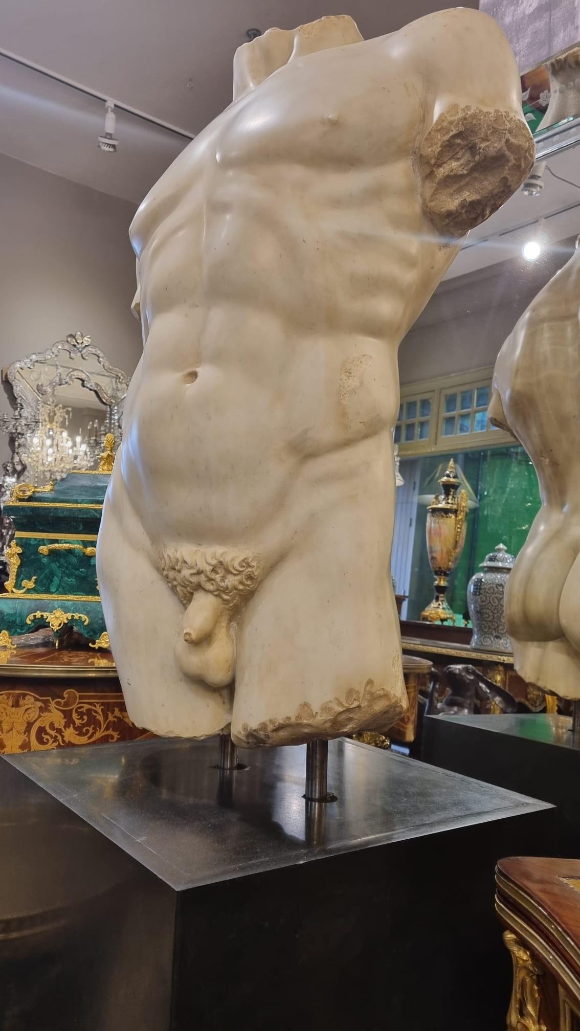 Monumental Grand Tour Marble Torso Statue Pedestal Base Nude Carving 2