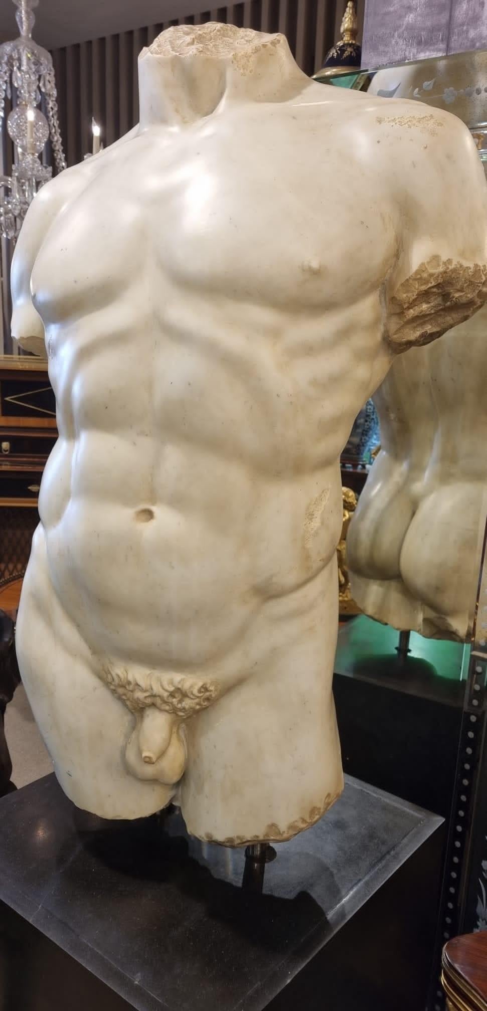 Monumental Grand Tour Marble Torso Statue Pedestal Base Nude Carving 4