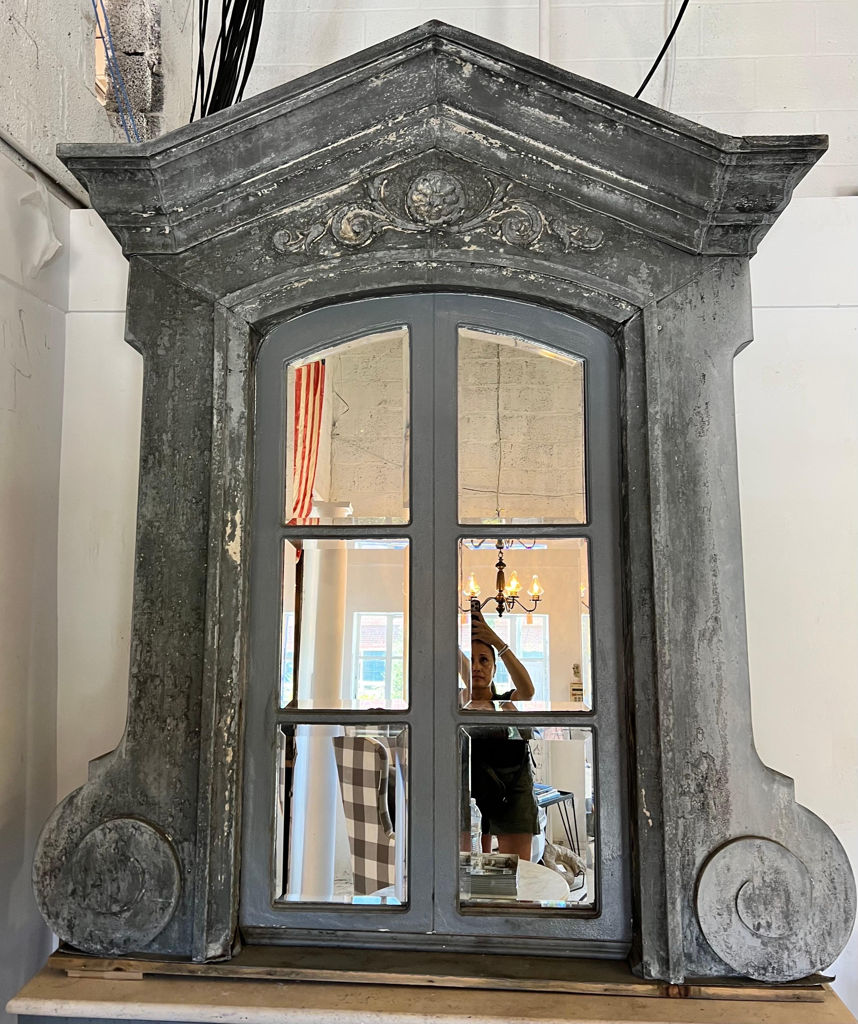 Monumental Gray Zinc Mantel or Floor Length Mirror For Sale 1