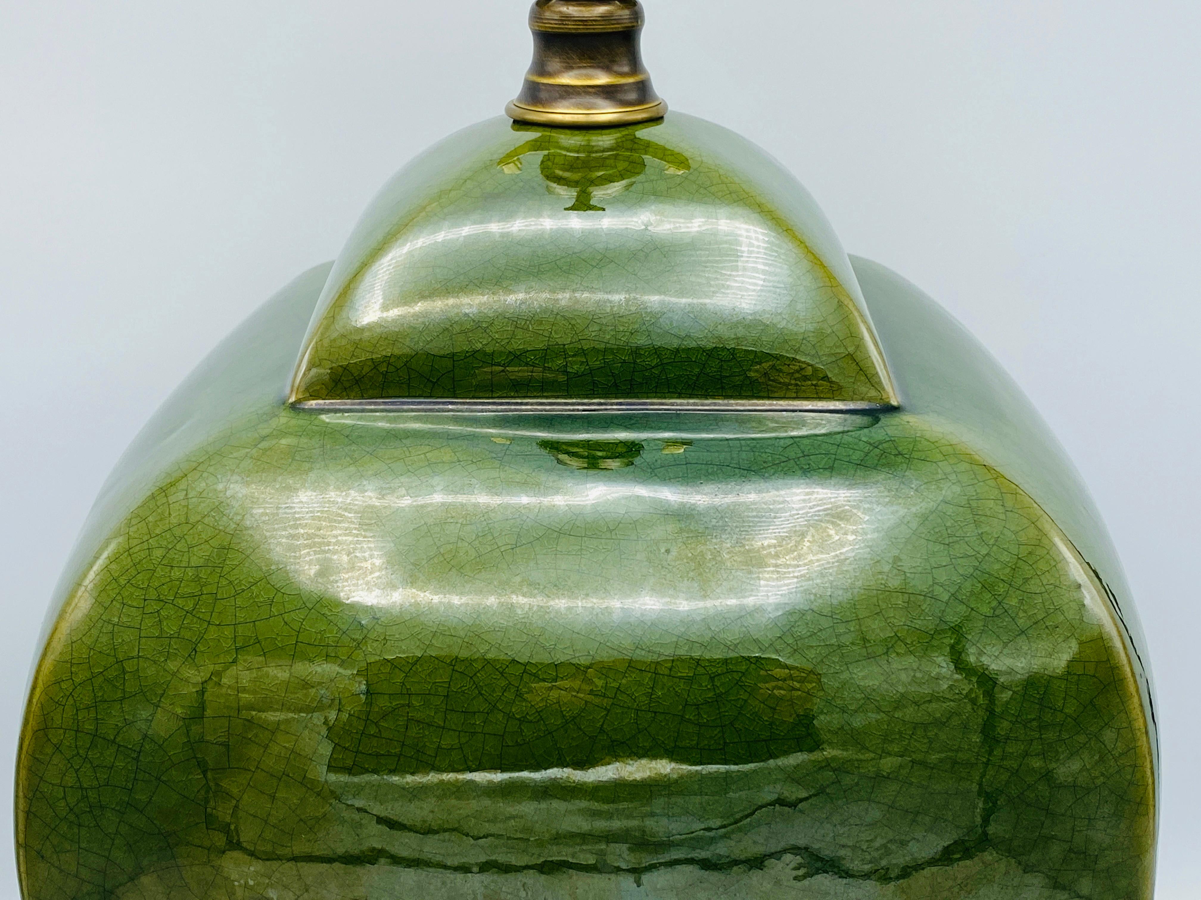 Chinoiserie Monumental Green Ceramic Jar Lamp, 1980s For Sale
