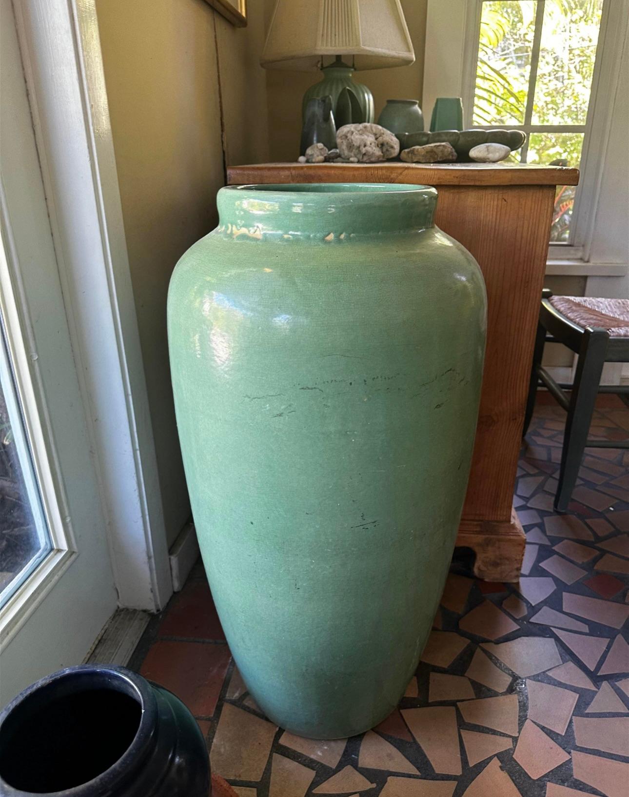 Monumental Green Glazed Stoneware Oil Jar For Sale 9