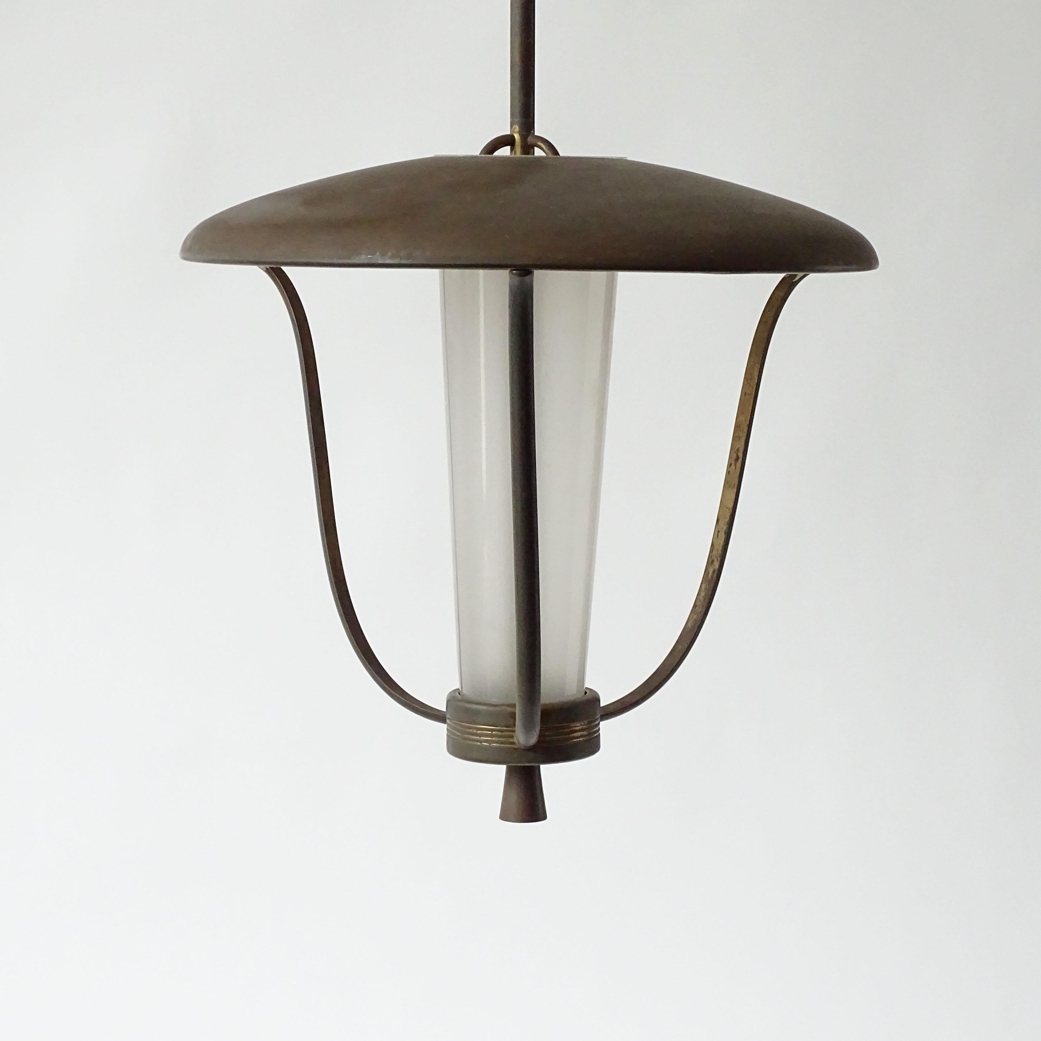 Splendid Guglielmo Ulrich Suspension Lamp
Brass and sanded glass.
Carries three light bulbs
Italy 1940s
Reference: 
Guglielmo Ulrich by Luca Scacchetti / Federico Motta Editore p. 142