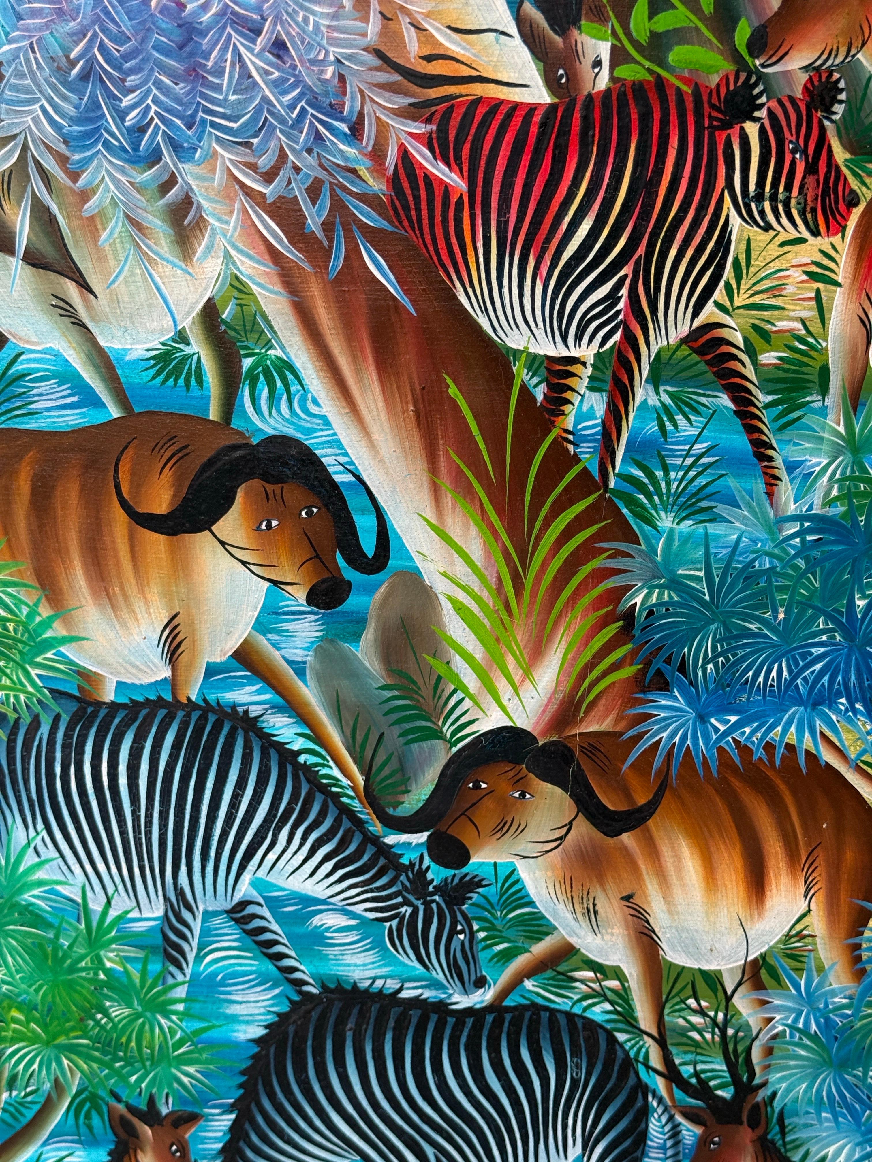 Monumental Haitian Jungle Scene Painting by Jean Rameau – Naïve Art For Sale 5