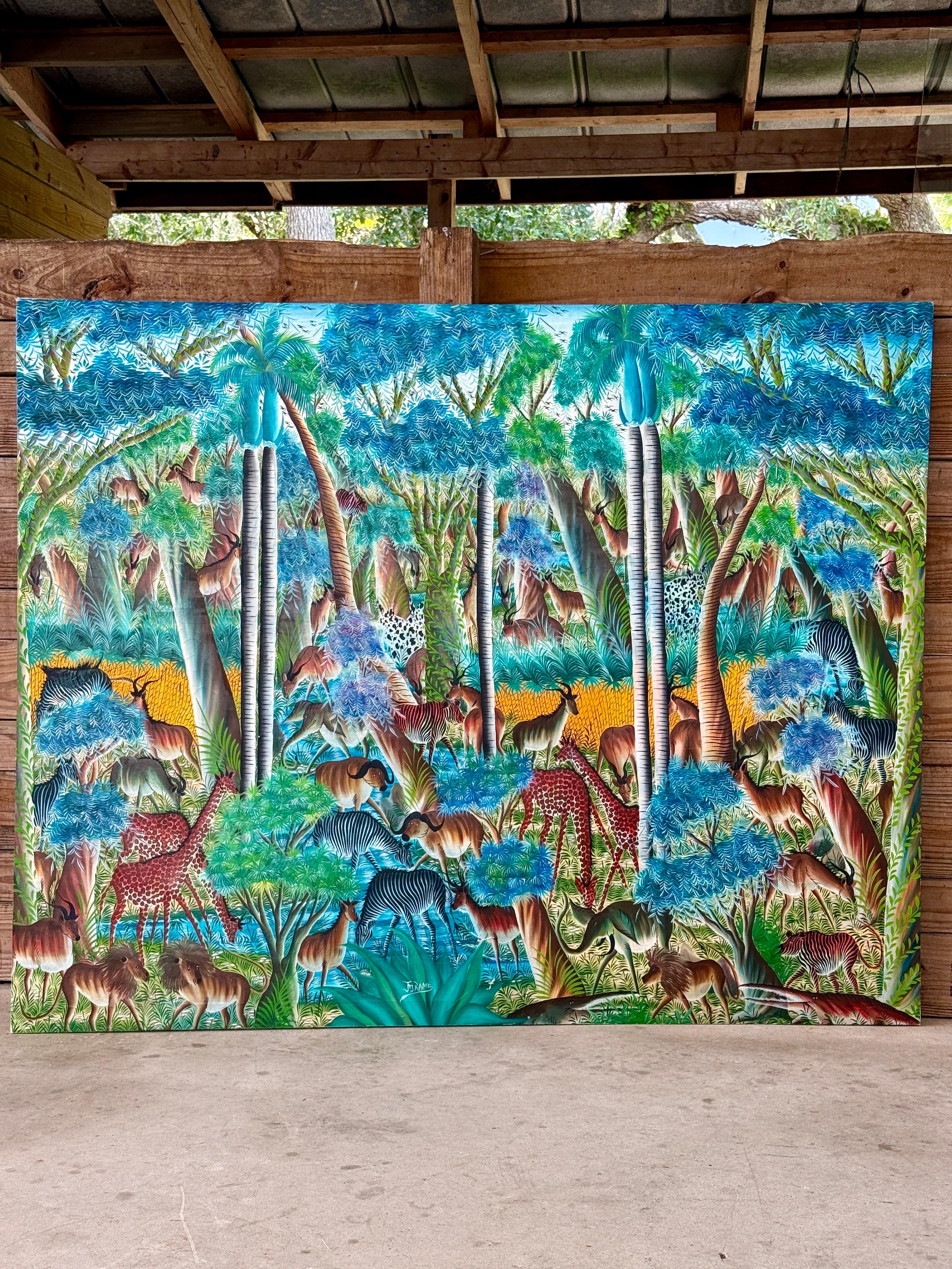Monumental Haitian Jungle Scene Painting by Jean Rameau – Naïve Art For Sale 7