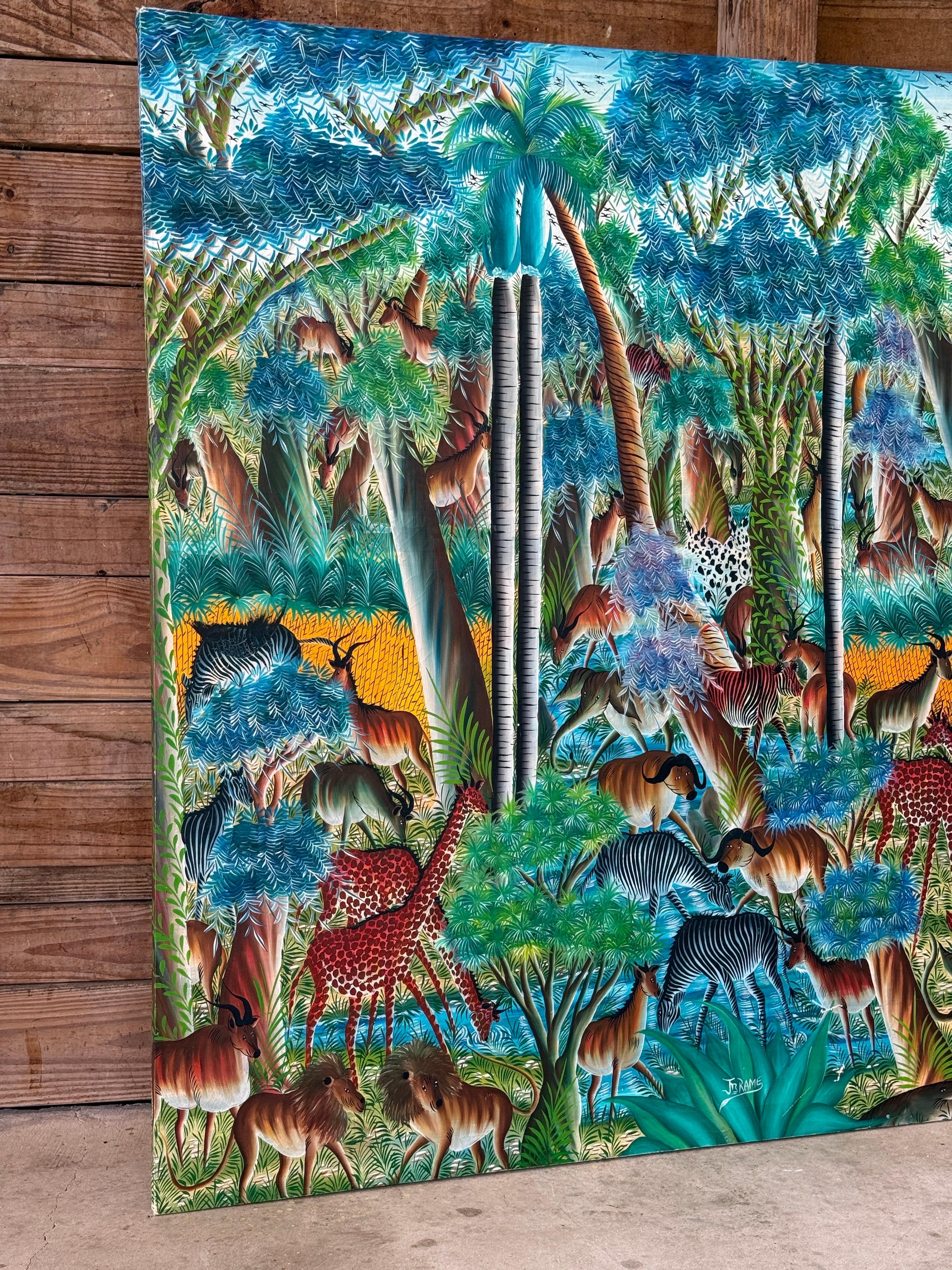 visually arresting, monumental jungle scene by Haitian artist Jean Rameau (signed “J Rame”), known for his vibrant use of color, rhythmic brushwork, and dreamlike depictions of tropical life. This large-scale acrylic painting on cloth depicts a