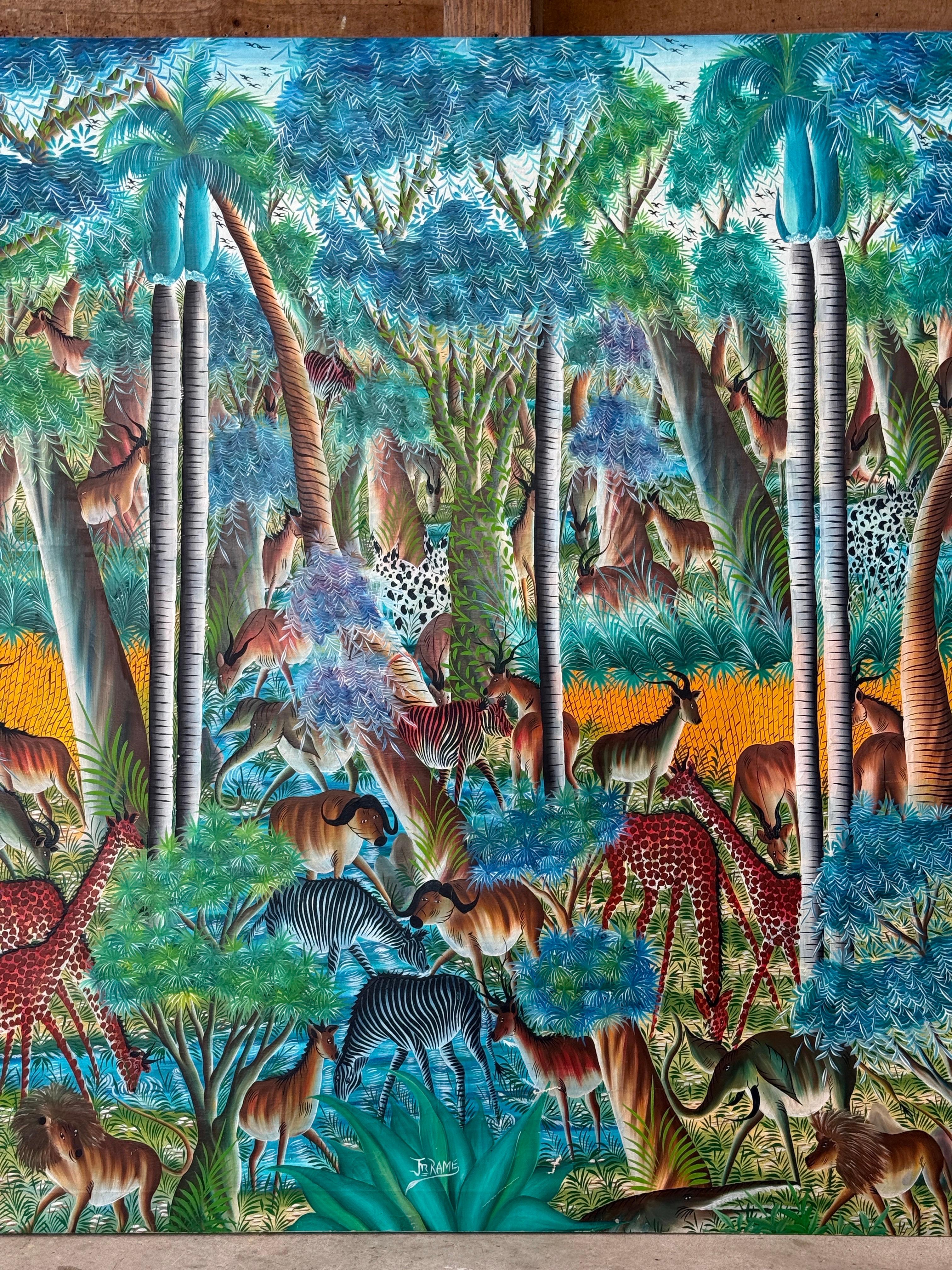 Folk Art Monumental Haitian Jungle Scene Painting by Jean Rameau – Naïve Art For Sale