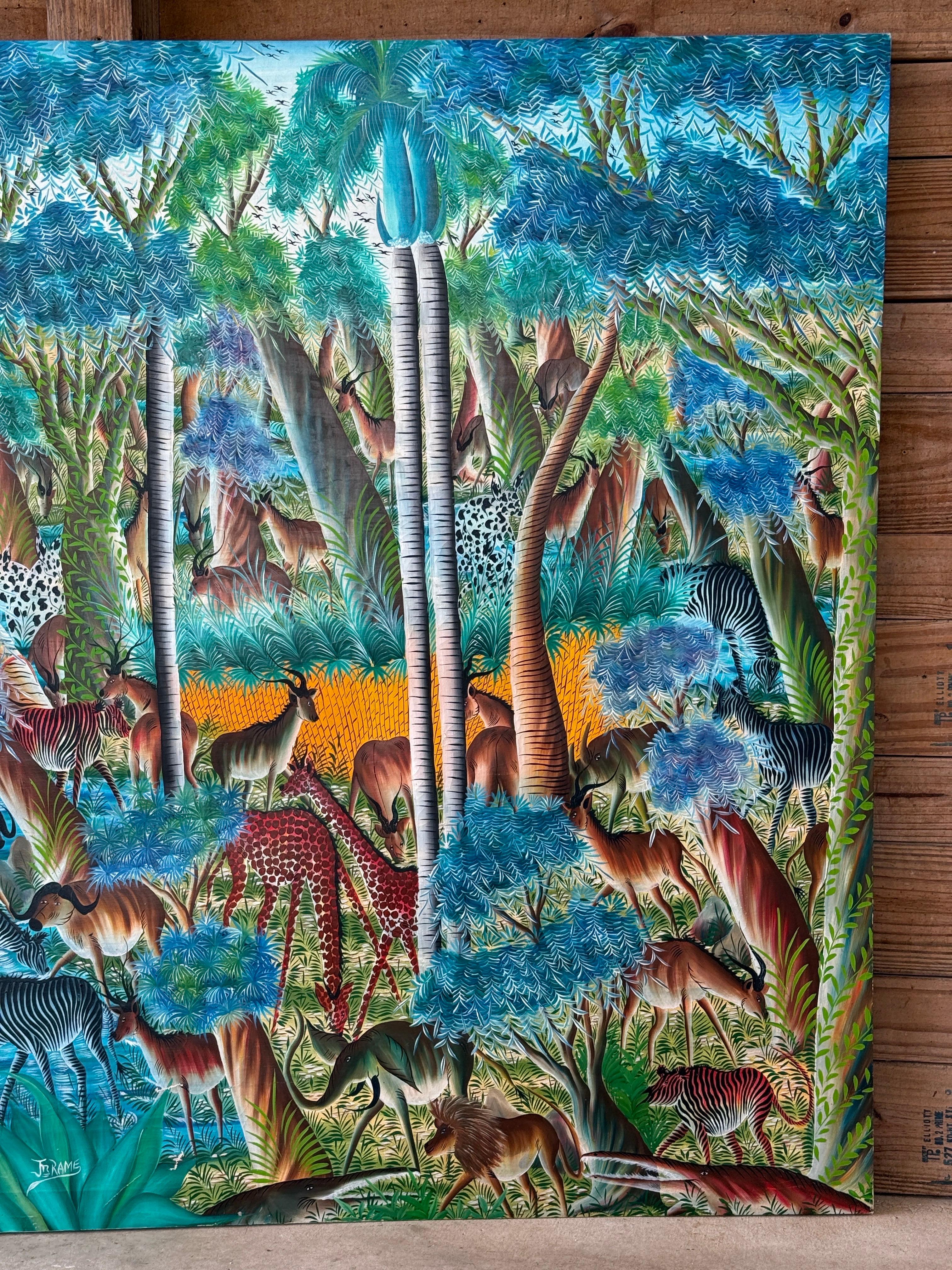 Monumental Haitian Jungle Scene Painting by Jean Rameau – Naïve Art For Sale 1