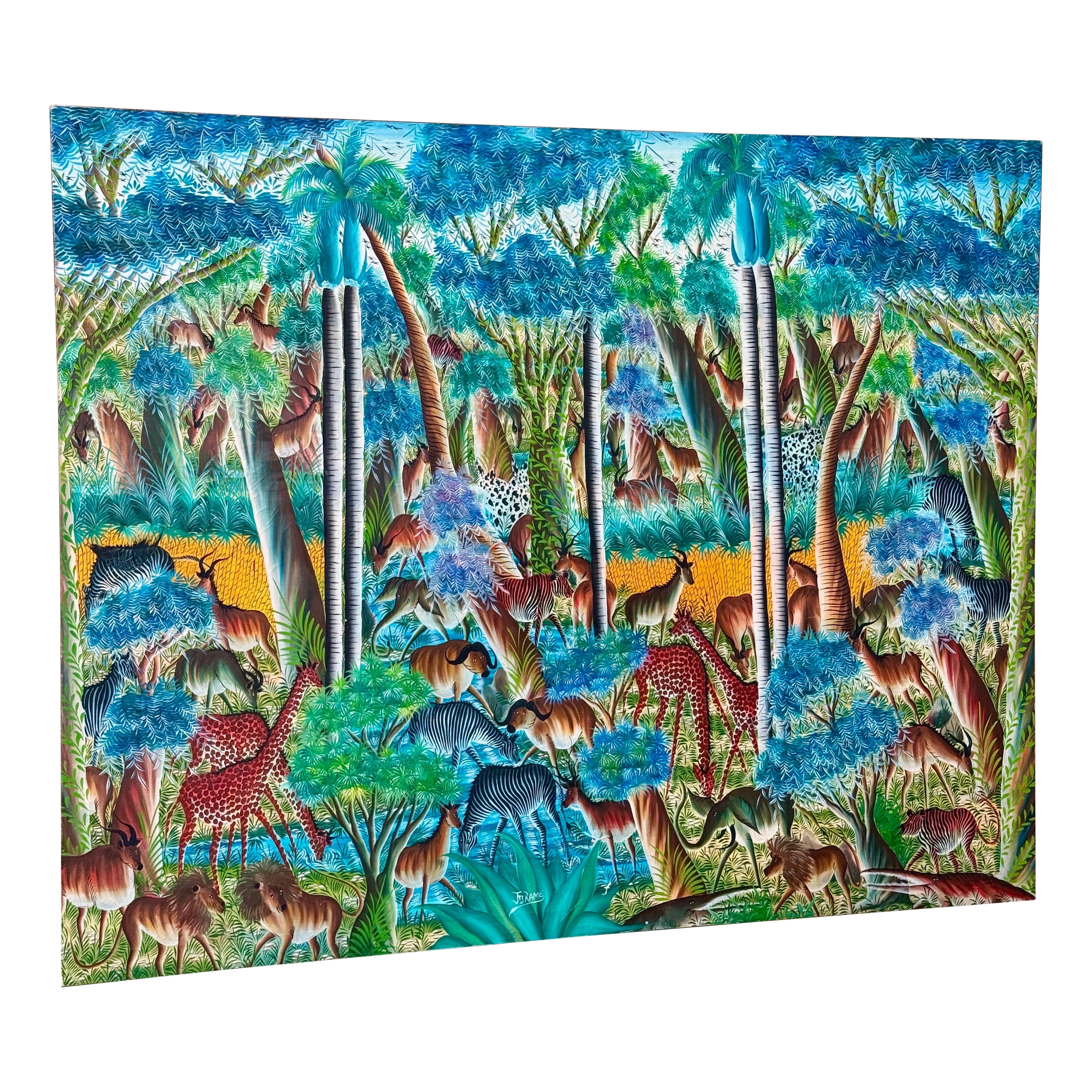 Monumental Haitian Jungle Scene Painting by Jean Rameau – Naïve Art For Sale