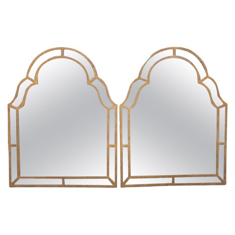 Monumental Hammered Gold Arched Pagoda Carvers Guild Style Wall Mirrors a pair
