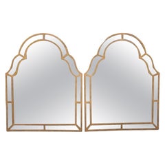 Monumental Hammered Gold Arched Pagoda Carvers Guild Style Wall Mirrors a pair