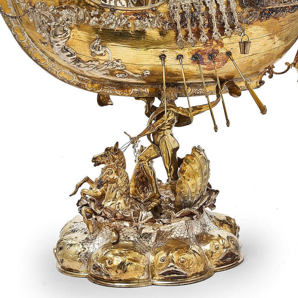 Belle Époque Monumental Hanau German Silver Gilt Nef Ship -- 45 in 115 cm For Sale