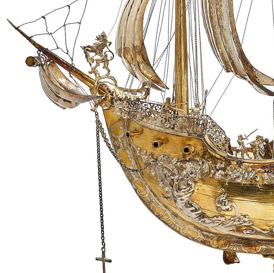 Monumental Hanau German Silver Gilt Nef Ship -- 45 in 115 cm In Good Condition For Sale In New York, US