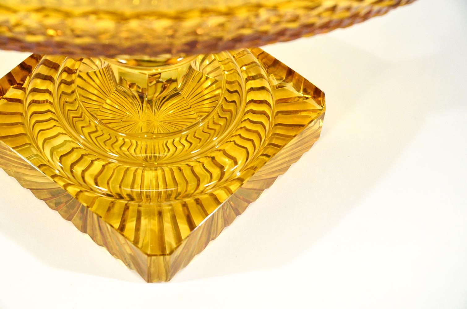 Monumental Hand Blown Amber Cut Crystal 3 Piece Centerpiece Set 12