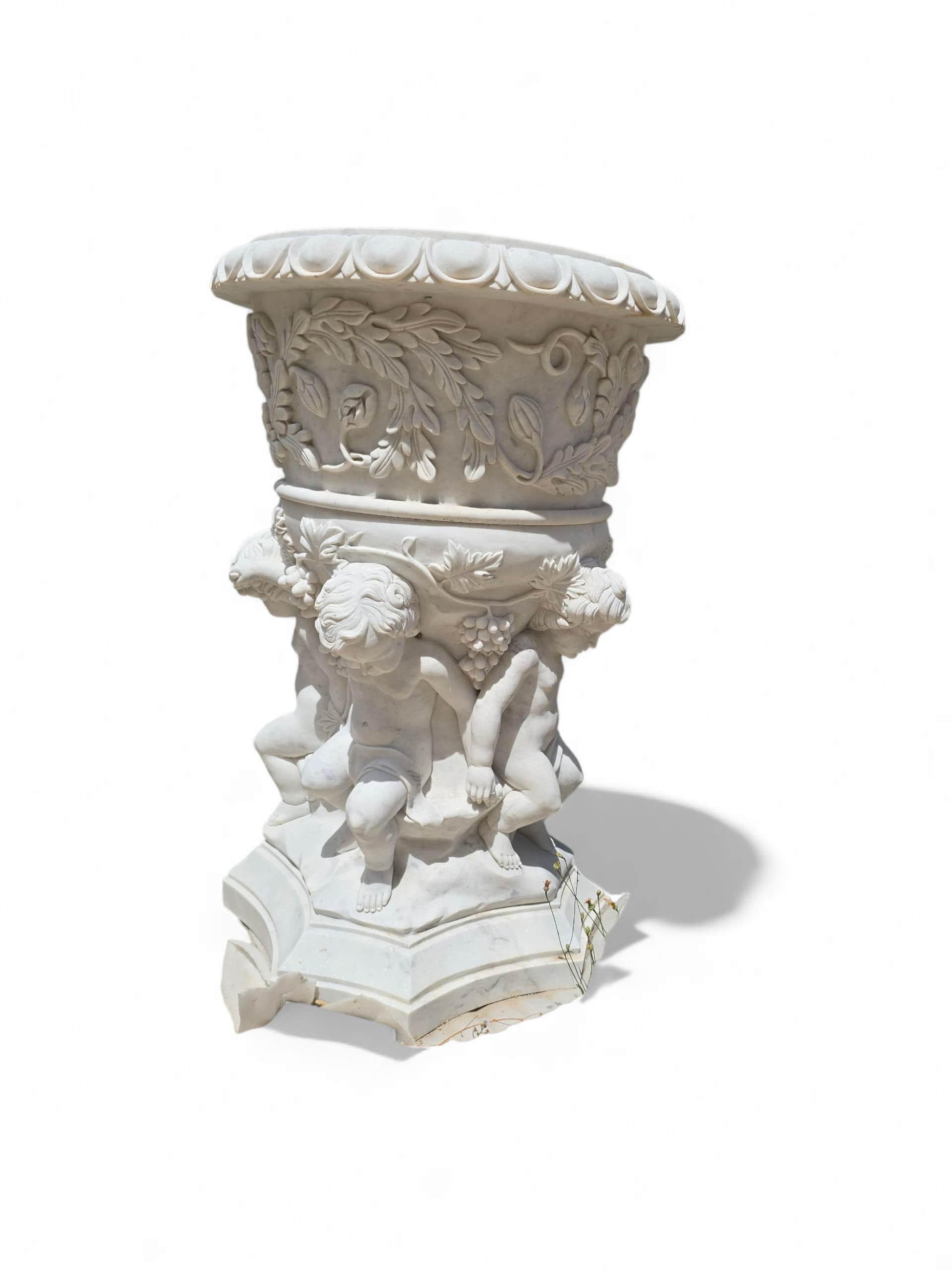 Late 20th Century Monumental Hand-Carved Carrara Marble Urn with Cherubs, 20th Century For Sale