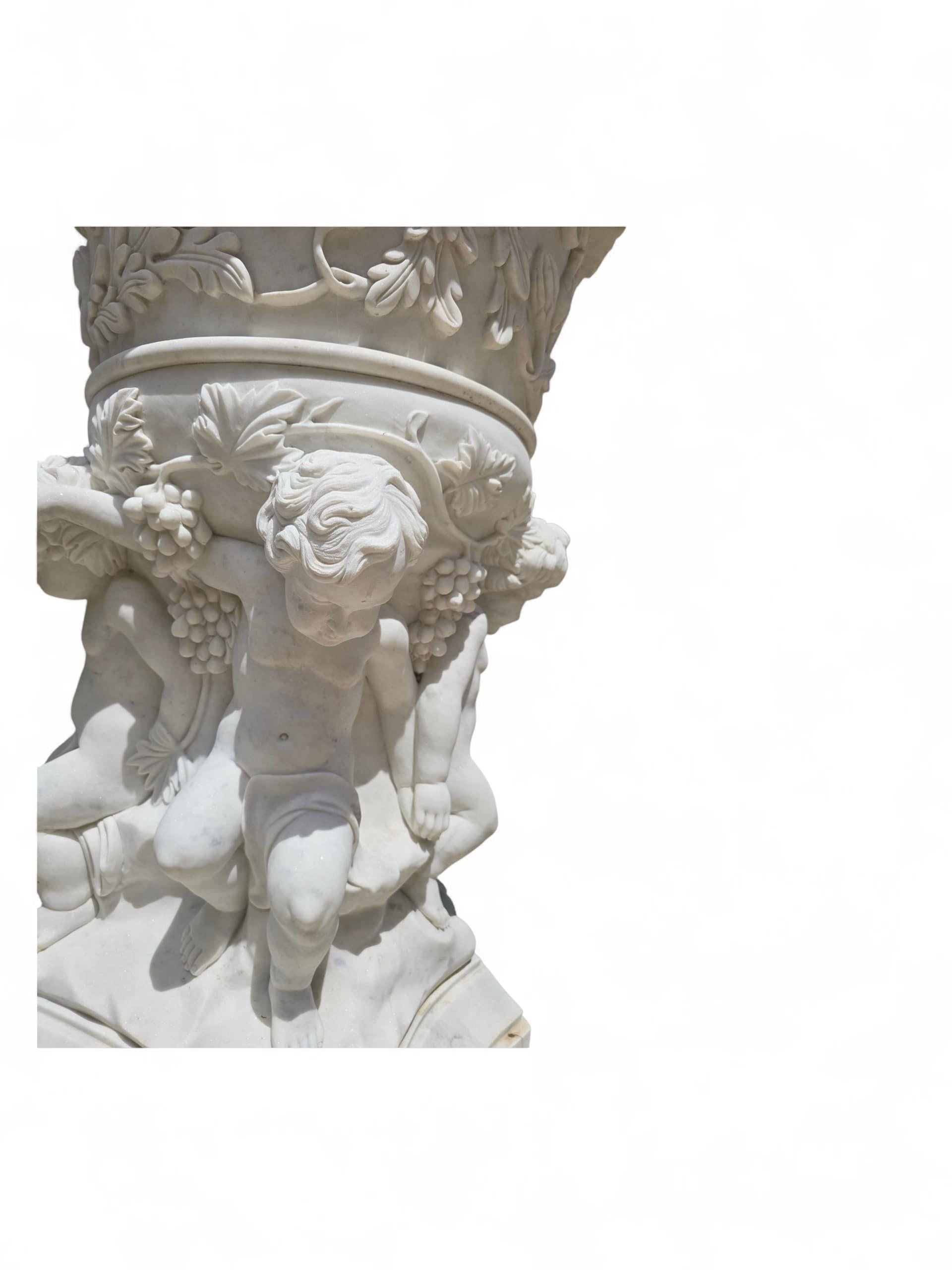 Monumental Hand-Carved Carrara Marble Urn with Cherubs, 20th Century For Sale 1