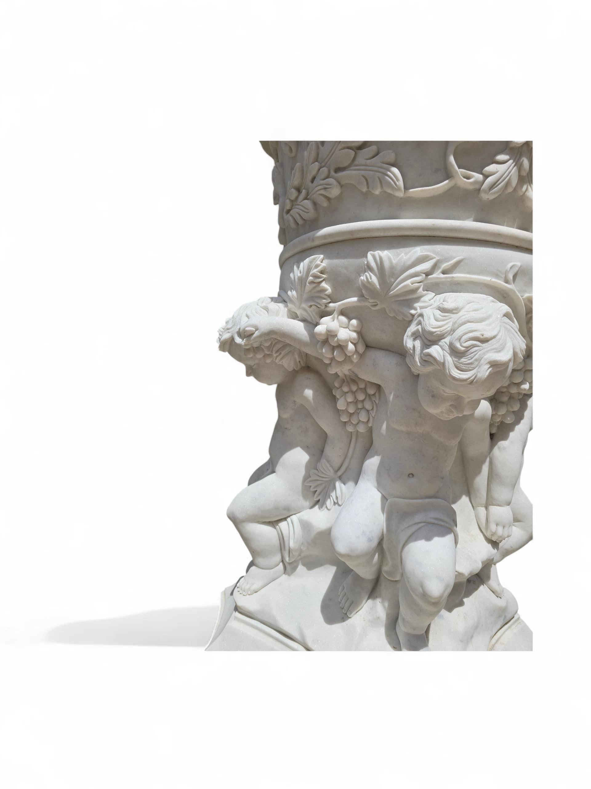 Monumental Hand-Carved Carrara Marble Urn with Cherubs, 20th Century For Sale 2