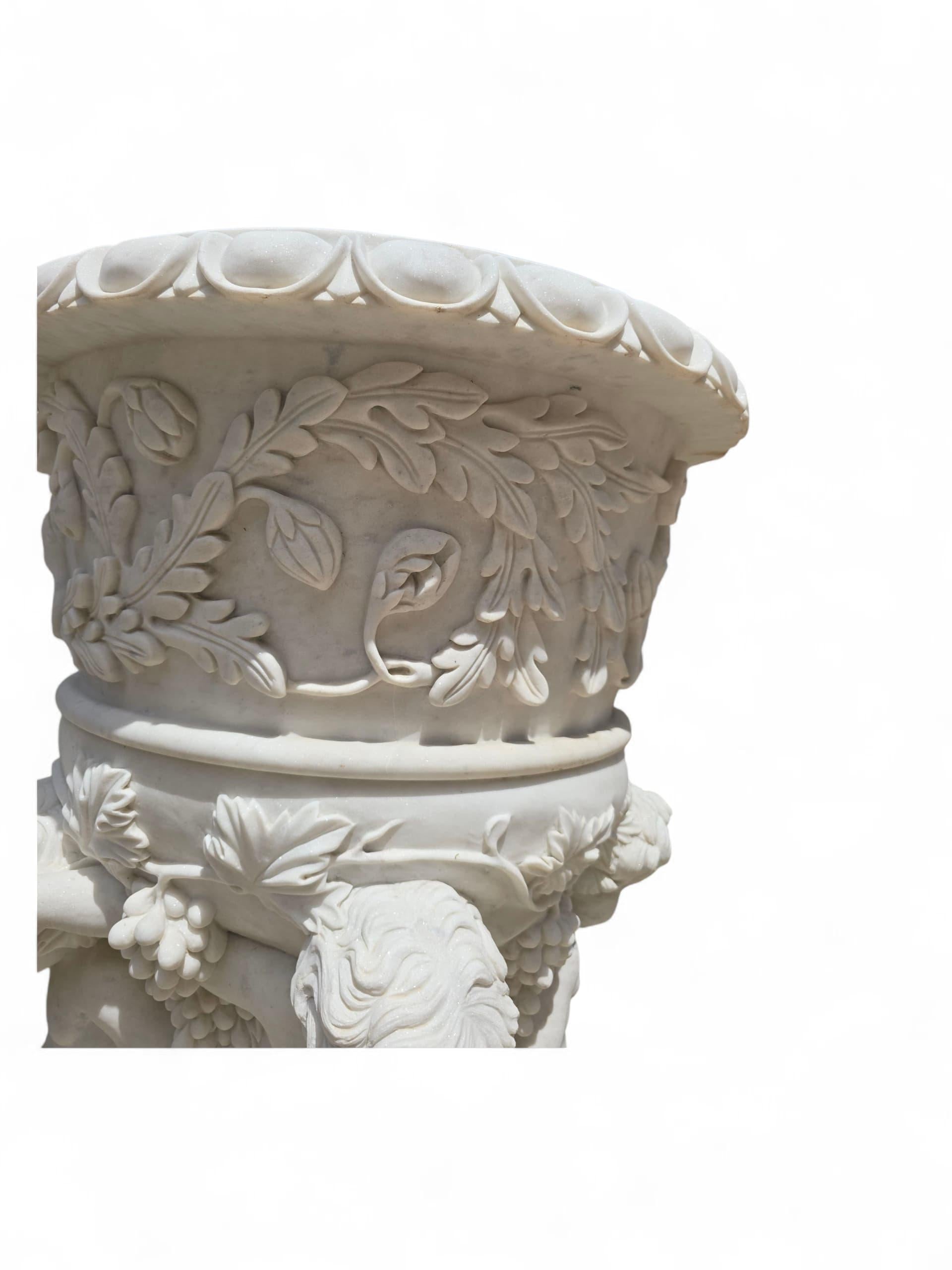 Monumental Hand-Carved Carrara Marble Urn with Cherubs, 20th Century For Sale 3