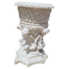 Monumental Hand-Carved Carrara Marble Urn with Cherubs, 20th Century