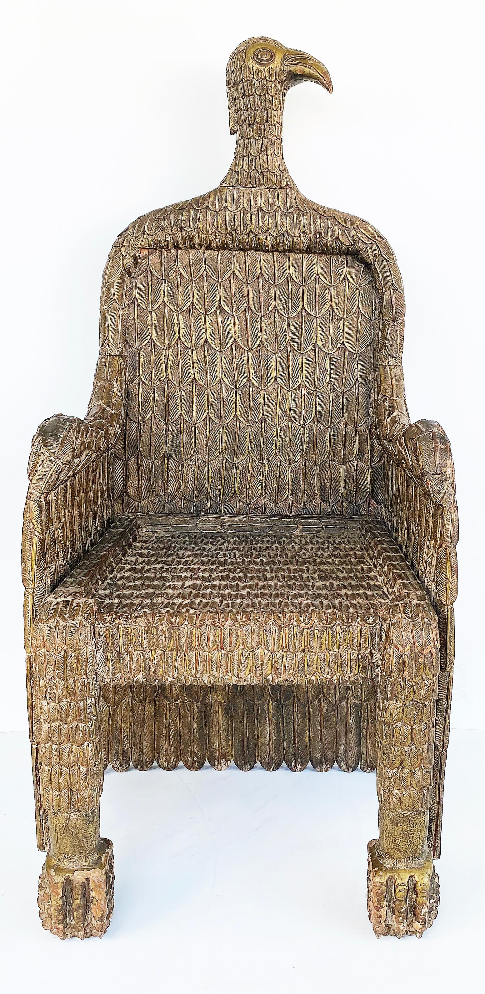 Monumental hand carved giltwood eagle throne chair

Offered for sale is a spectacular monumental hand carved giltwood eagle throne chair. The chair is a one-of-a-kind creation that belonged to a client who acquired it while living in India years