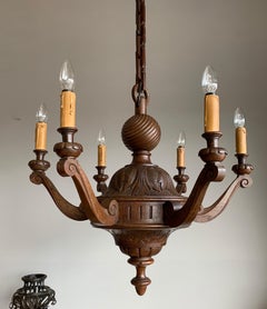 Monumental Hand-Carved Oak Chandelier with Sculptural Wooden Chain, Europe, 1920