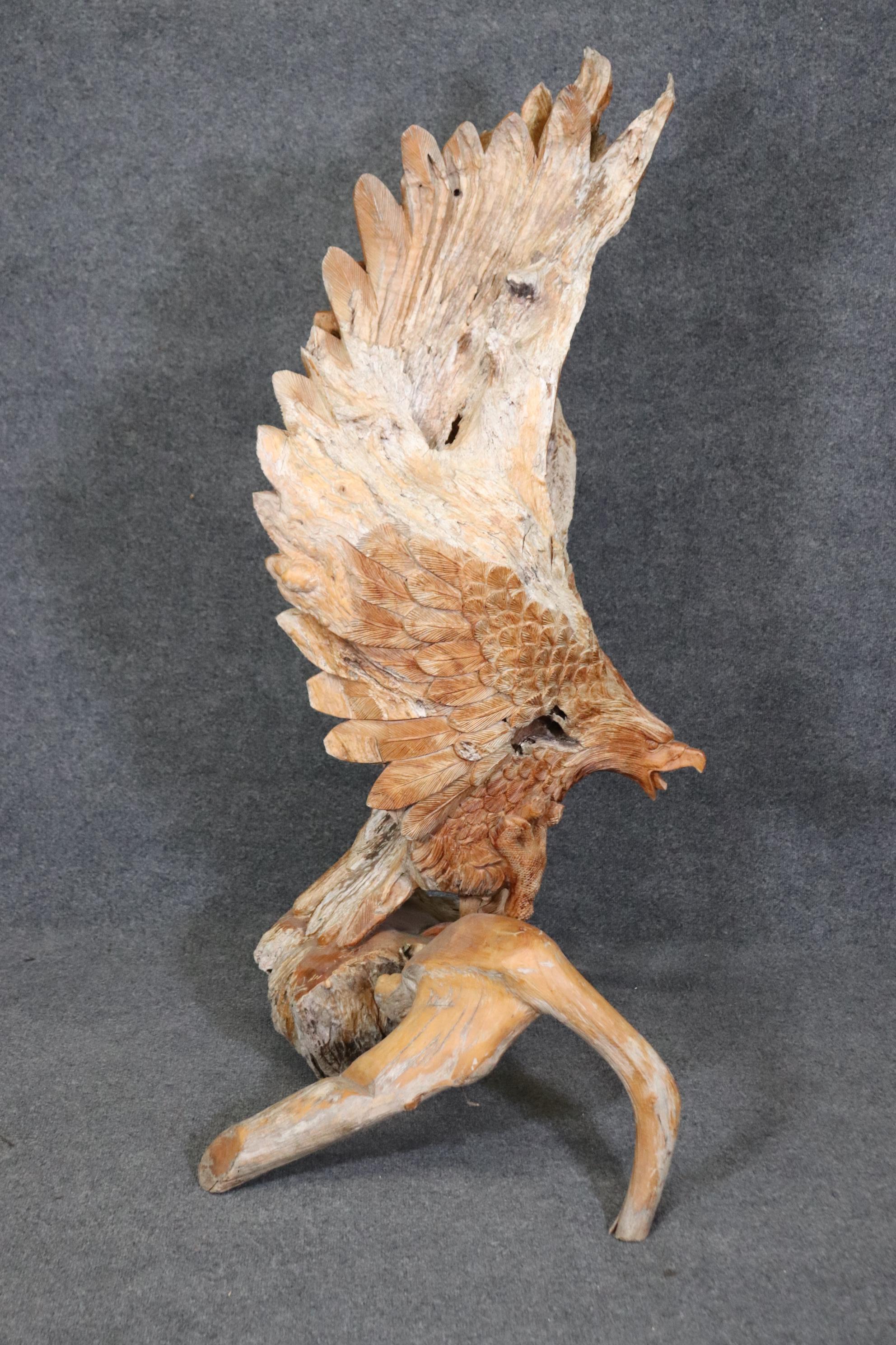 Late 20th Century Monumental Hand-Carved Walnut American Sculpture of a Bald Eagle Landing on Tree For Sale