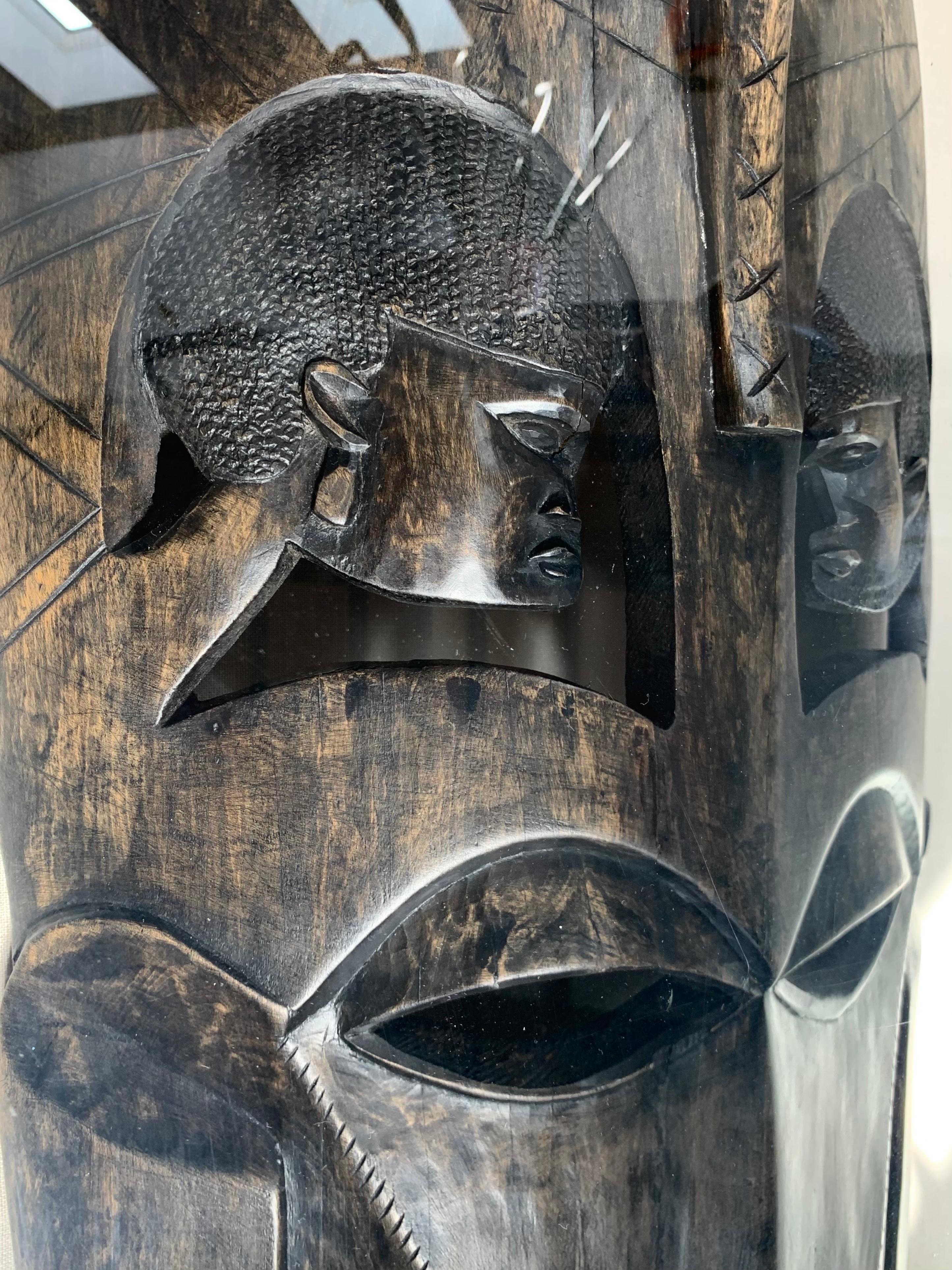 Monumental Hand-Carved vintage African Mask Framed in Lucite Box, 1960s 5