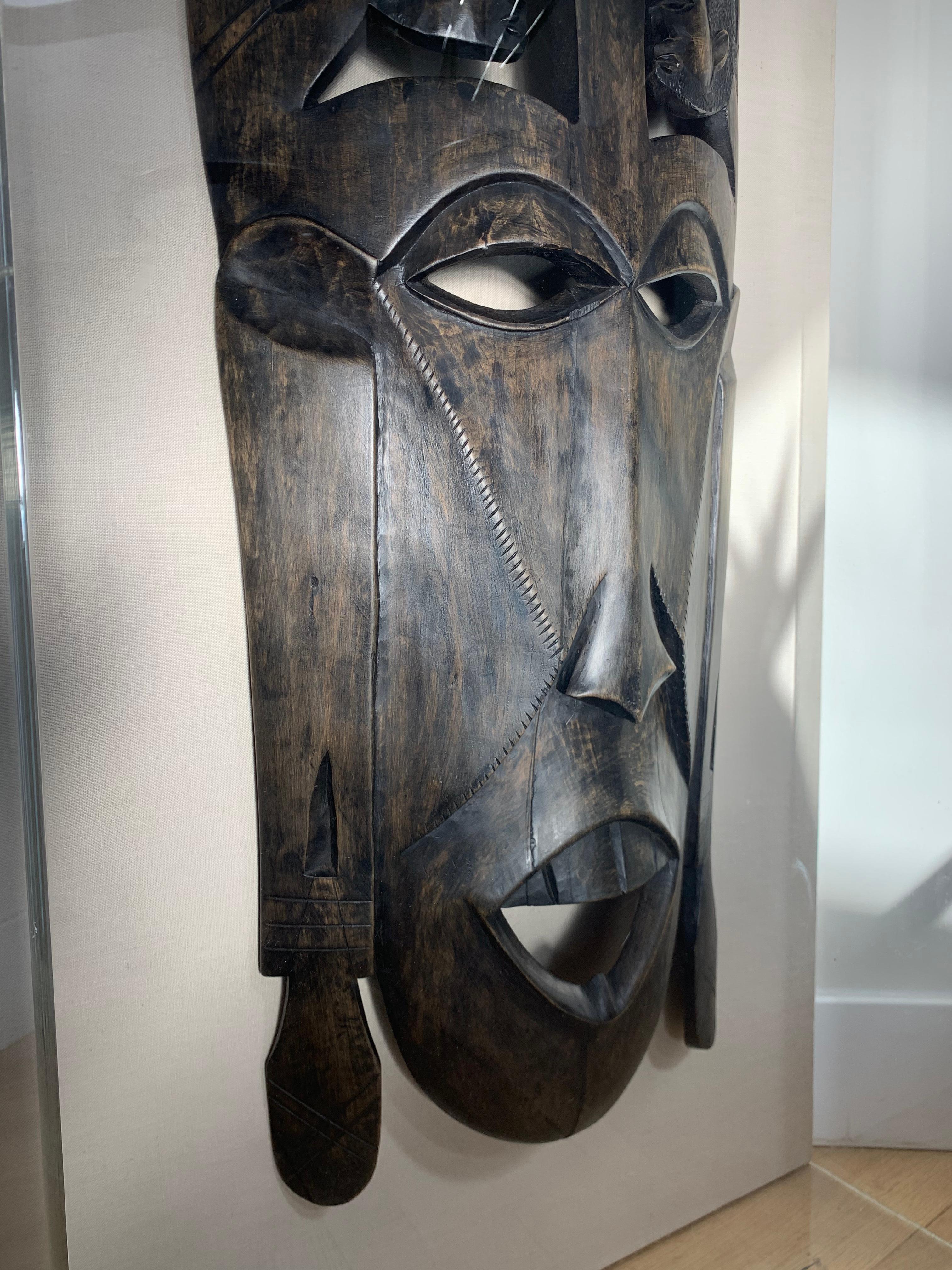 Monumental Hand-Carved vintage African Mask Framed in Lucite Box, 1960s 6