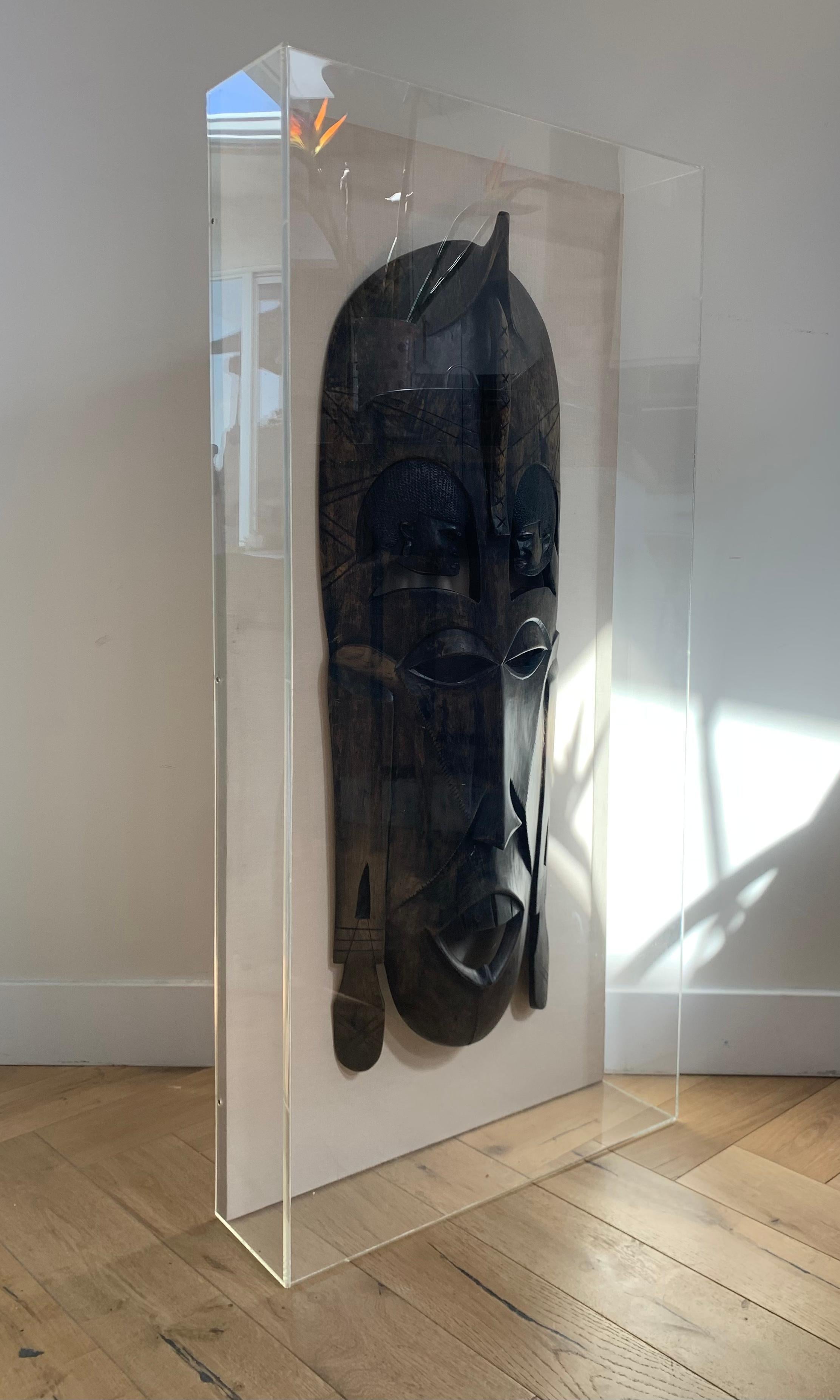 Monumental Hand-Carved vintage African Mask Framed in Lucite Box, 1960s 13