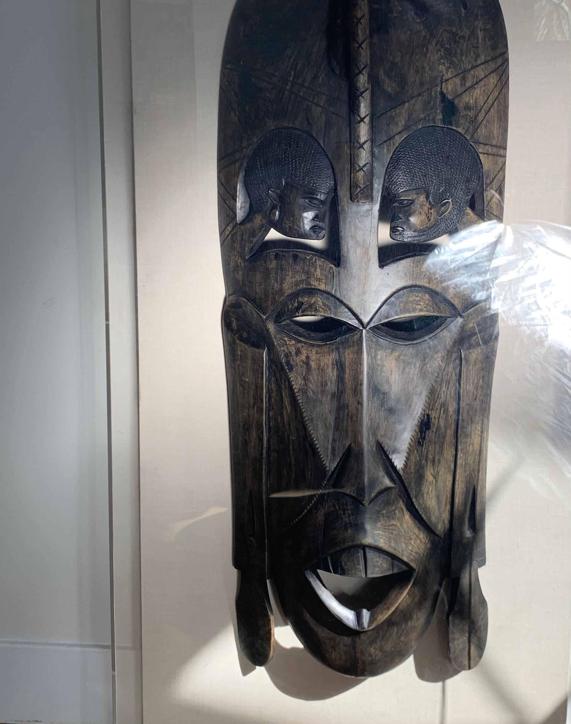 Monumental Hand-Carved vintage African Mask Framed in Lucite Box, 1960s 2