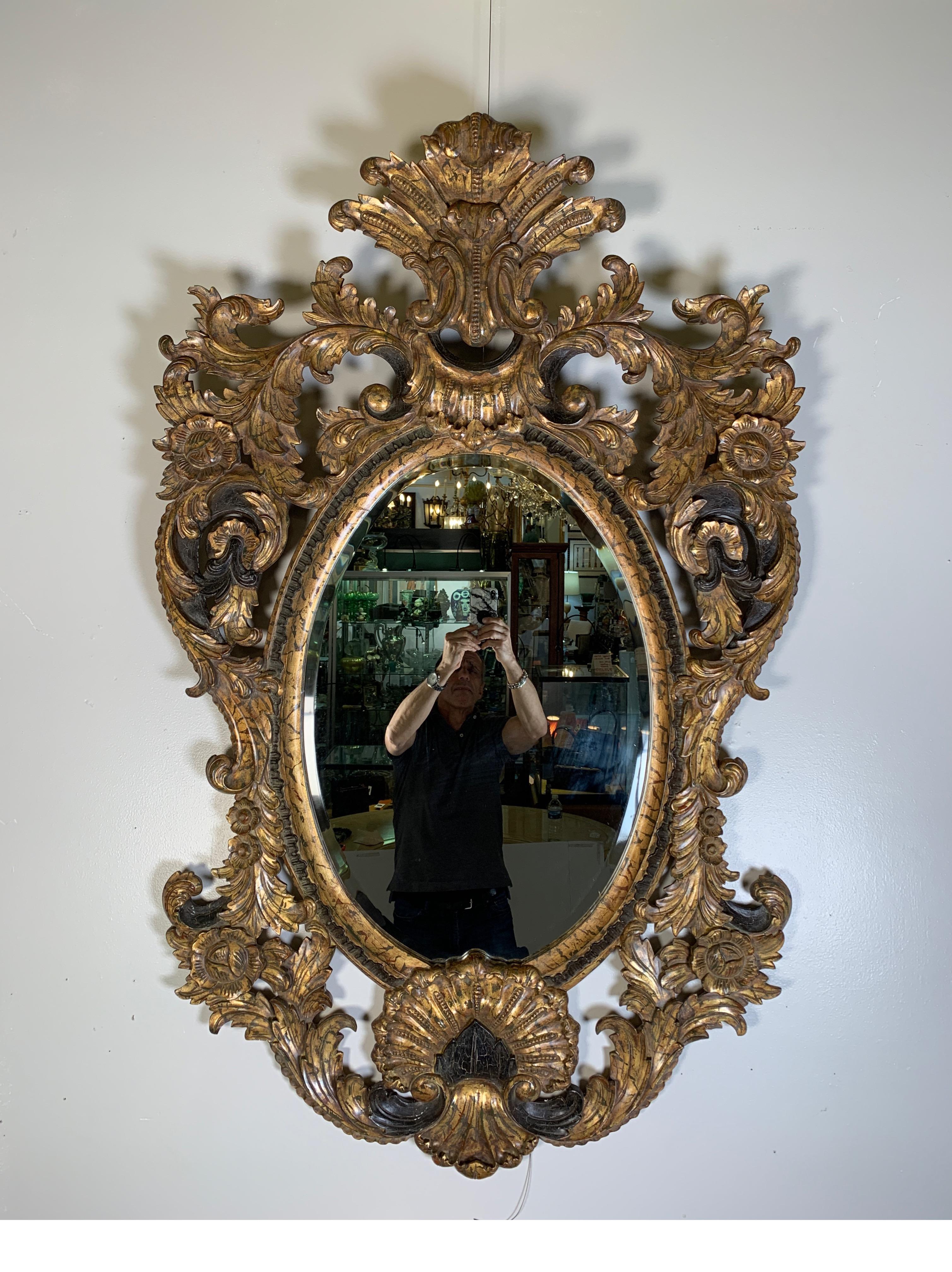 European Monumental Hand Carved Wood Gilt and Painted Mirror