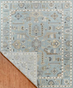 Monumental Hand-Knotted Oushak Style Wool Rug in Light Blue, Ivory & Soft Taupe