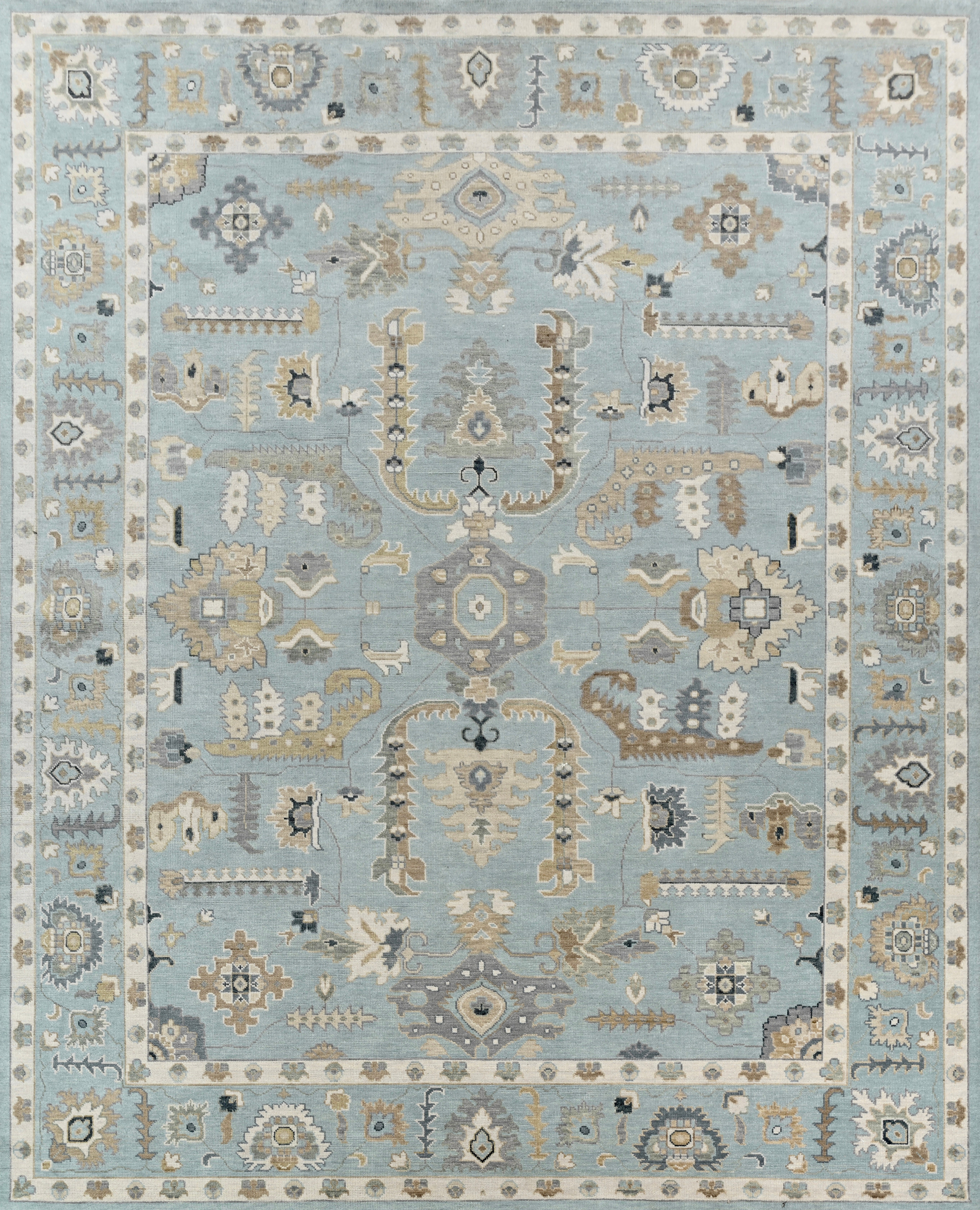 Monumental Hand-Knotted Oushak Style Wool Rug in Light Blue, Ivory & Soft Taupe